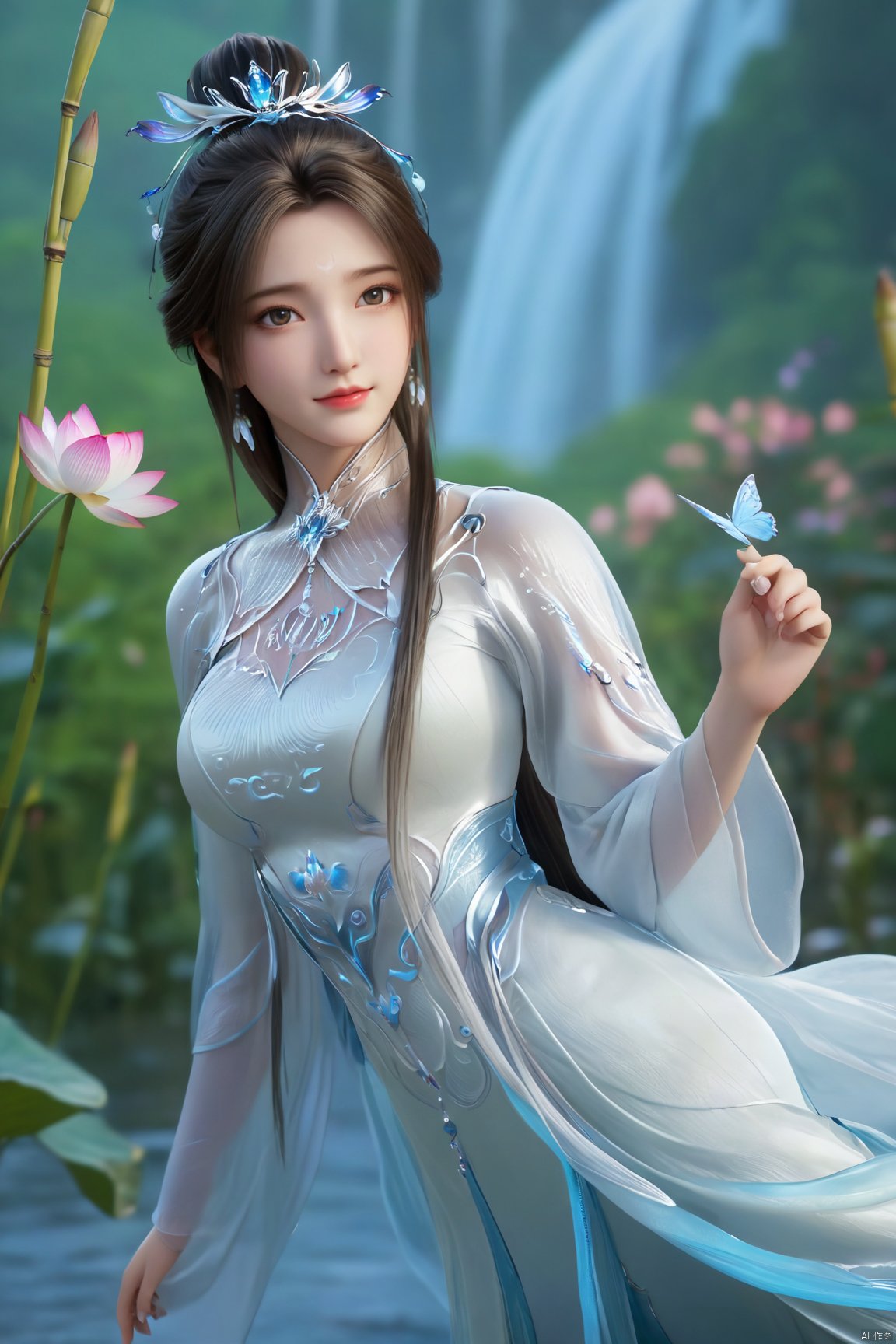 masterpiece,(best quality),official art,(extremely delicate and beautiful),,1girl,Depth of field,kind smile,looking_at_viewer,Dynamic pose,Xluxueqi,(big breasts:1.99), full moon,flowers,Waterfall, lotus, willow, butterfly