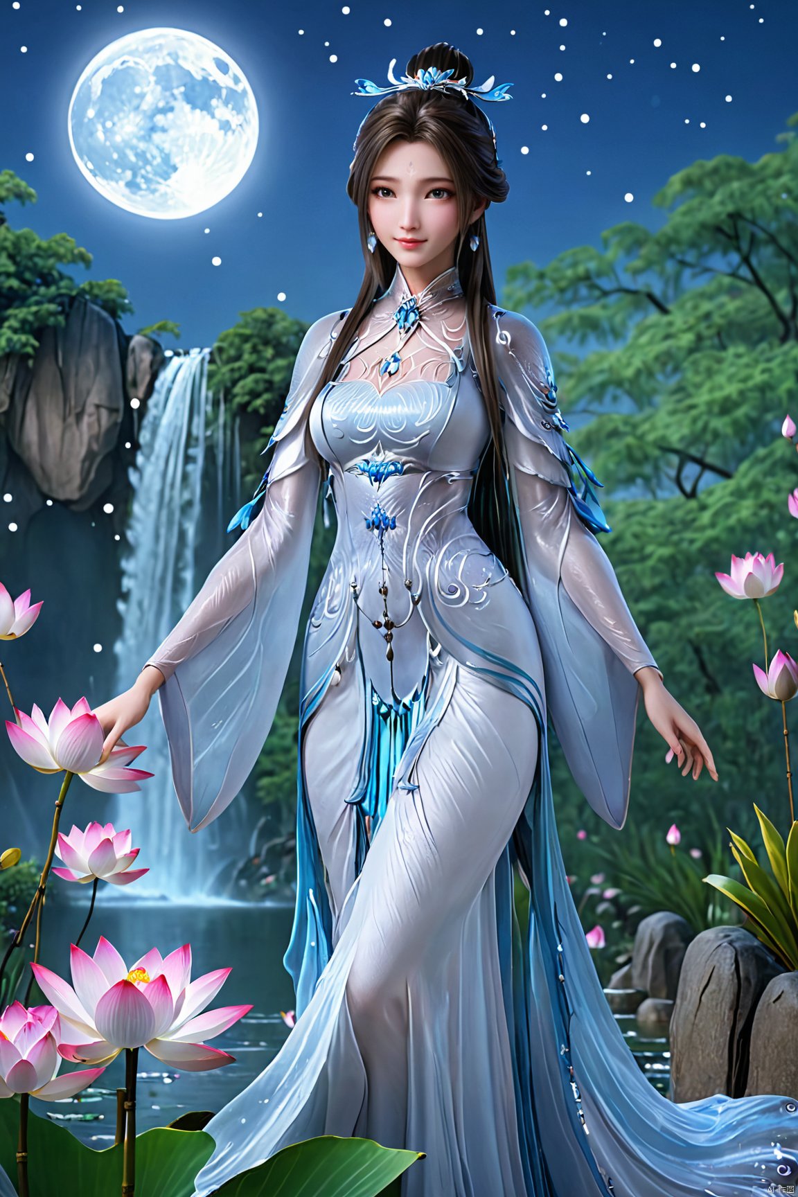 masterpiece,(best quality),official art,(extremely delicate and beautiful),,1girl,Depth of field,kind smile,looking_at_viewer,Dynamic pose,Xluxueqi,(big breasts:1.39), full moon,flowers,Waterfall, lotus, willow, butterfly