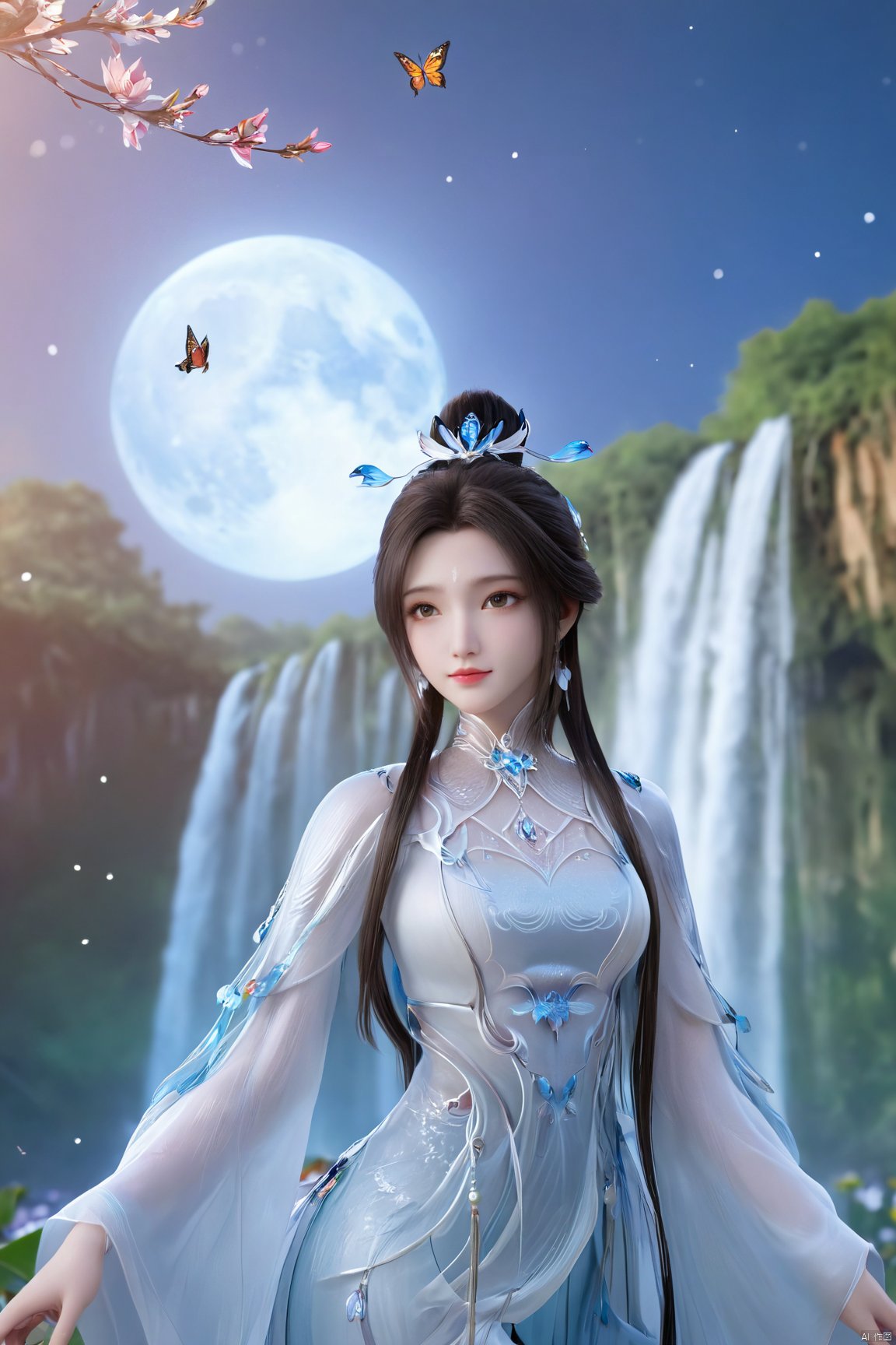 masterpiece,(best quality),official art,(extremely delicate and beautiful),,1girl,Depth of field,kind smile,looking_at_viewer,Dynamic pose,Xluxueqi,(big breasts:1.79), full moon,flowers,Waterfall, lotus, willow, butterfly