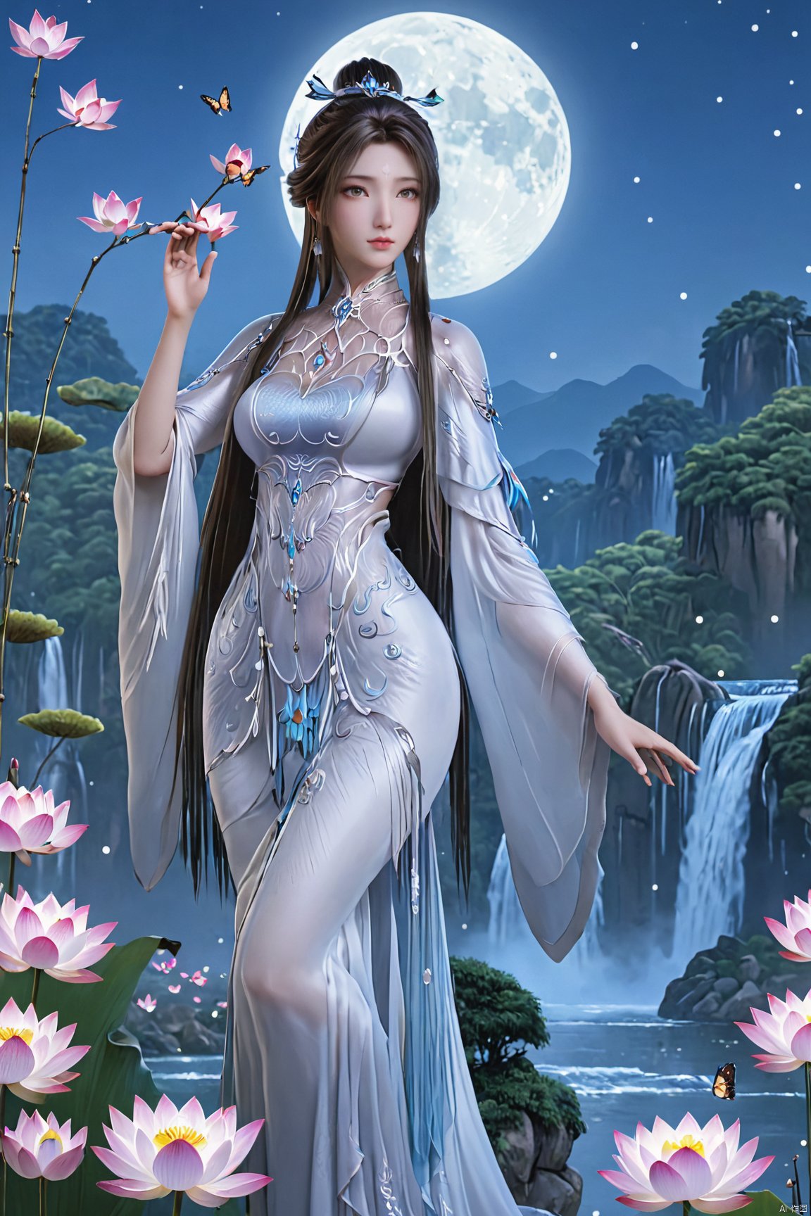 (masterpiece,best quality,official art),1girl,looking_at_viewer,Dynamic pose,Xluxueqi,(big breasts:1.79), full moon,flowers,Waterfall, lotus, willow, butterfly