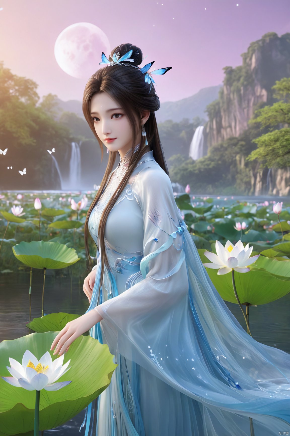 masterpiece,(best quality),official art,extremely detailed cg 8k wallpaper,(extremely delicate and beautiful),,1girl,Depth of field,kind smile,looking_at_viewer,Dynamic pose,Xluxueqi,(big breasts:1.39), full moon,flowers,Waterfall, lotus, willow, butterfly