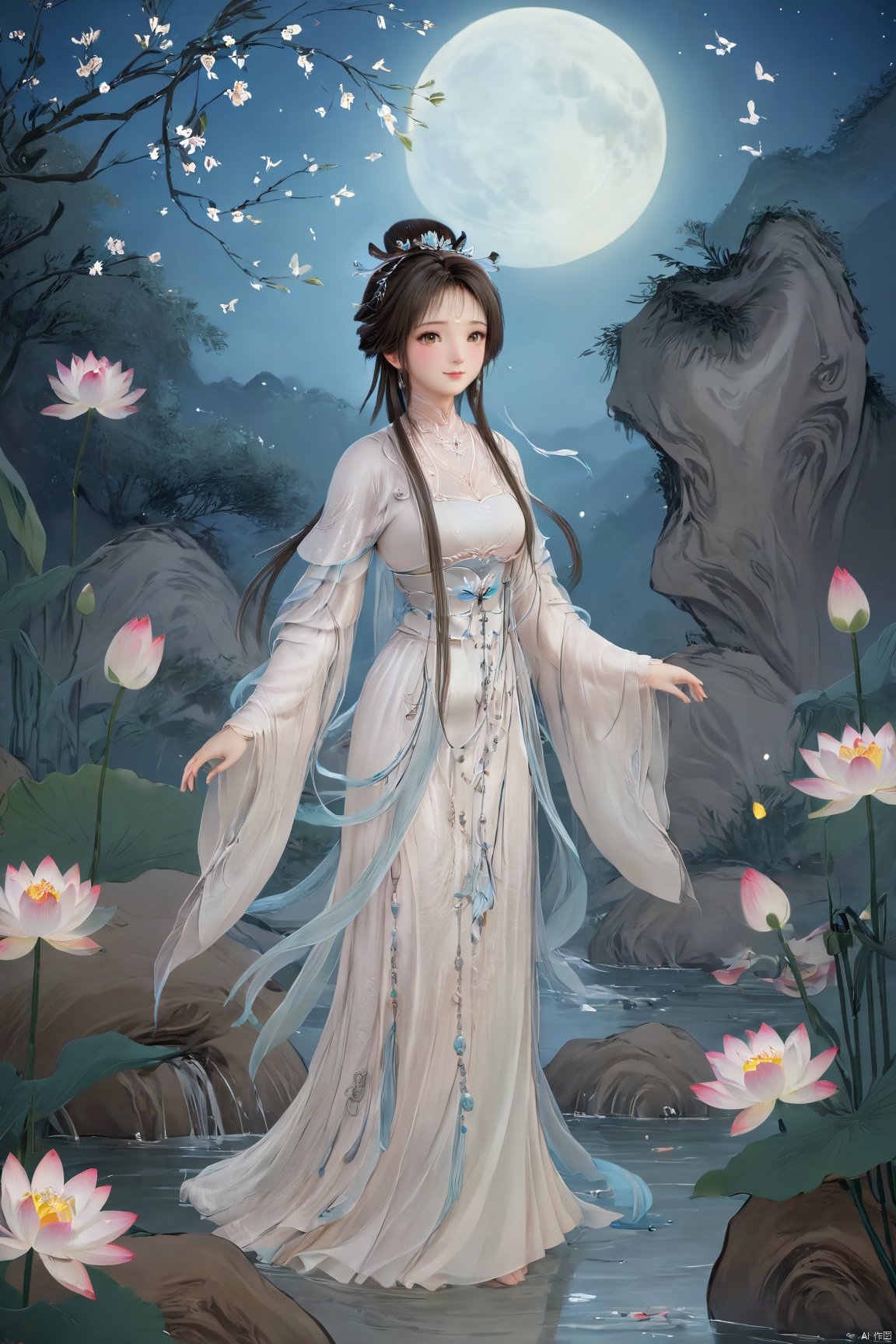 masterpiece,(best quality),official art,(extremely delicate and beautiful),,1girl,Depth of field,kind smile,looking_at_viewer,Dynamic pose,Xluxueqi,(big breasts:1.79), full moon,flowers,Waterfall, lotus, willow, butterfly