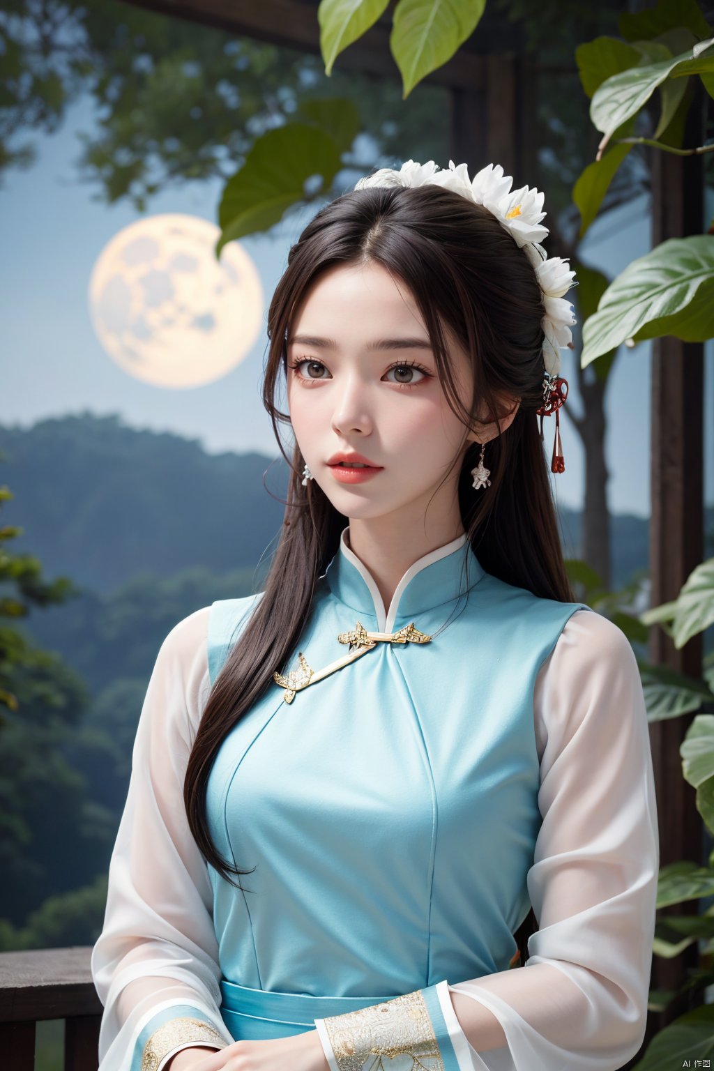 masterpiece,(best quality),official art,extremely detailed cg 8k wallpaper,(extremely delicate and beautiful),solo,realistic,photo_\(medium\),hiqcgbody,(upper body),1girl,chinese clothes,long sleeves,hair bun,forehead mark,long hair,facial mark,hair ornament,,Xluxueqi,full moon,Peony flowers,Waterfall, lotus, willow, butterfly