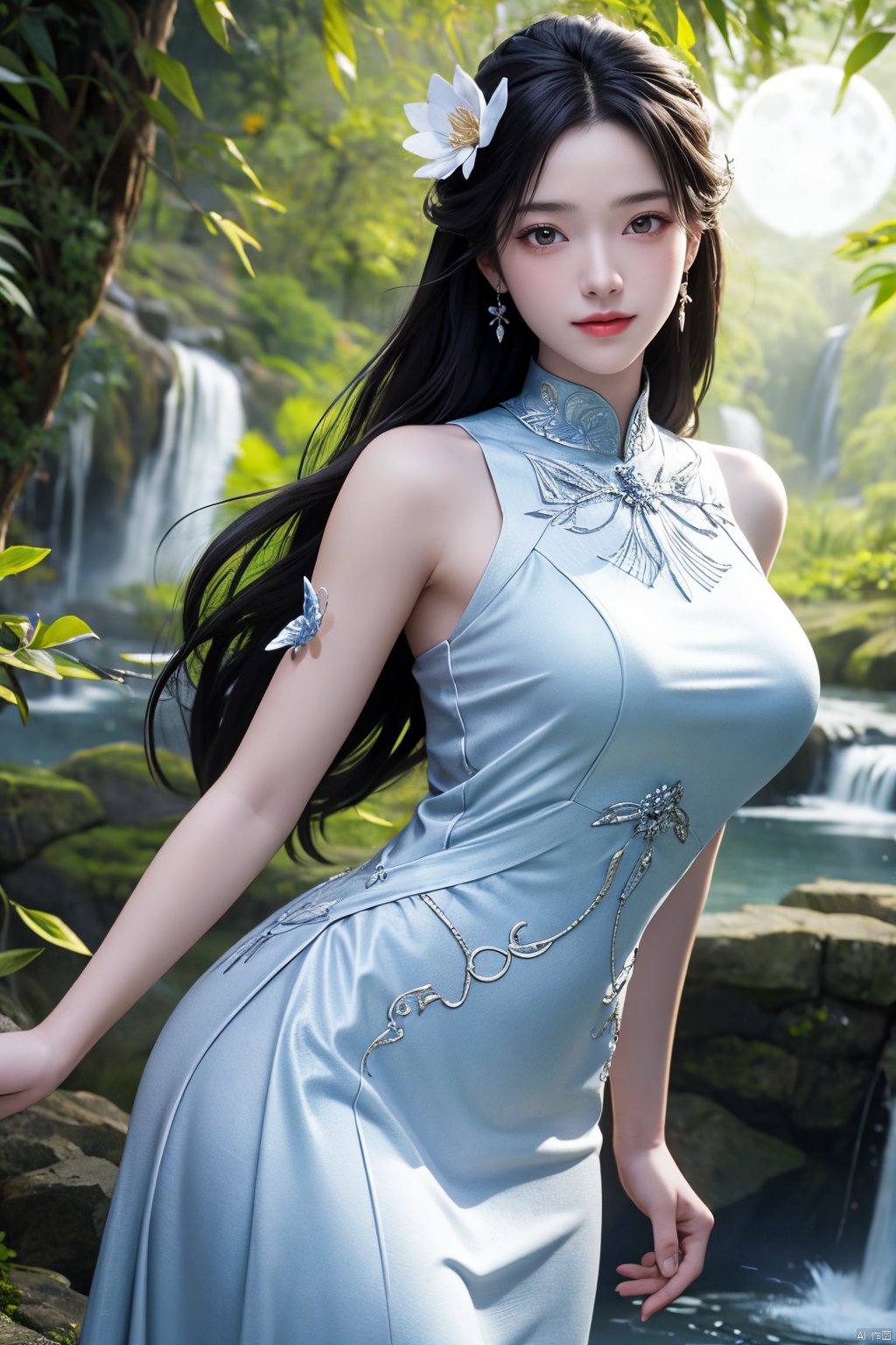 masterpiece,(best quality),official art,extremely detailed cg 8k wallpaper,(extremely delicate and beautiful),,1girl,cowboy shot,(Good structure), DSLR Quality,Depth of field,kind smile,looking_at_viewer,Dynamic pose,Xluxueqi,(big breasts:1.23), full moon,flowers,Waterfall, lotus, willow, butterfly