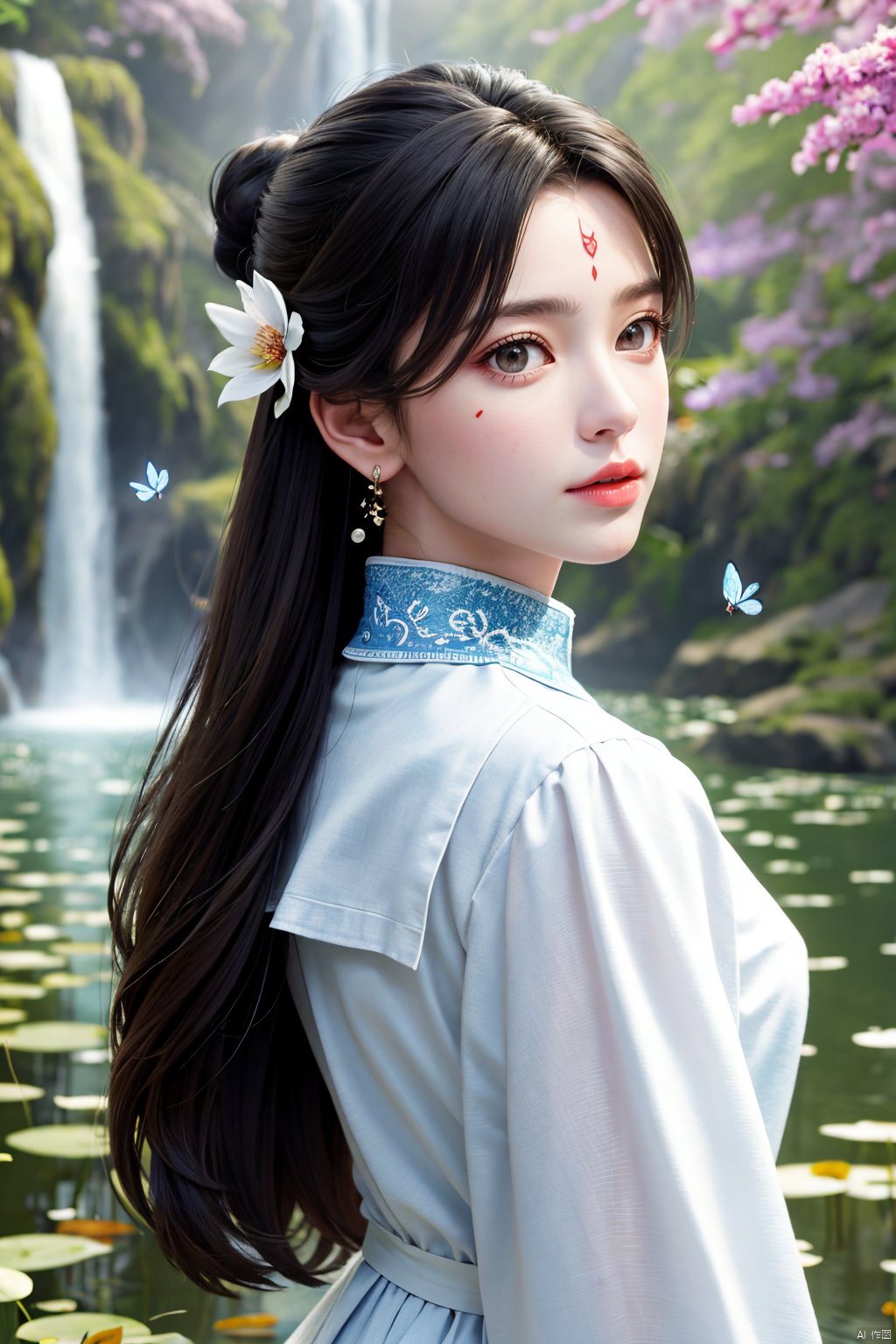 masterpiece,(best quality),official art,extremely detailed cg 8k wallpaper,(extremely delicate and beautiful),solo,realistic,photo_\(medium\),hiqcgbody,(upper body),1girl,white dress,long sleeves,hair bun,forehead mark,long hair,facial mark,hair ornament,,Xluxueqi,full moon,flowers,Waterfall, lotus, willow, butterfly