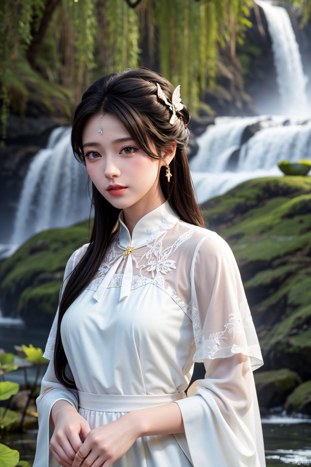 masterpiece,(best quality),official art,extremely detailed cg 8k wallpaper,(extremely delicate and beautiful),solo,realistic,photo_\(medium\),hiqcgbody,(upper body),1girl,white dress,long sleeves,hair bun,forehead mark,long hair,facial mark,hair ornament,,Xluxueqi,full moon,flowers,Waterfall, lotus, willow, butterfly