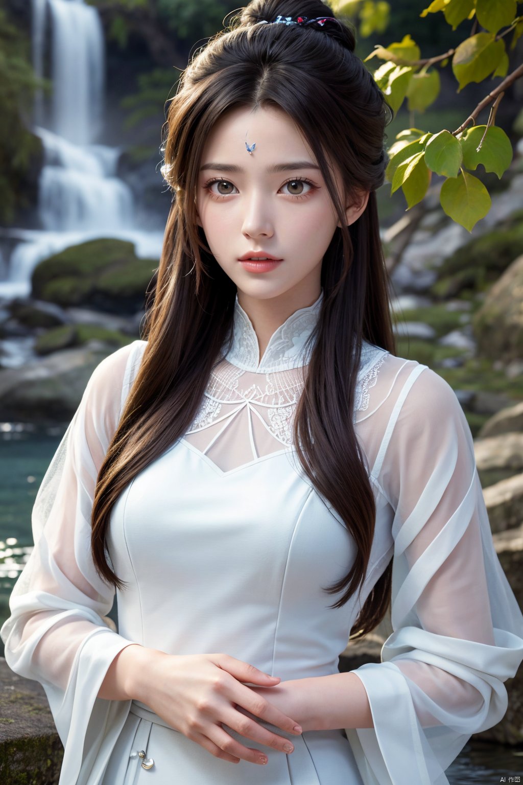 masterpiece,(best quality),official art,extremely detailed cg 8k wallpaper,(extremely delicate and beautiful),solo,realistic,photo_\(medium\),hiqcgbody,(upper body),1girl,white dress,long sleeves,hair bun,forehead mark,long hair,facial mark,hair ornament,,Xluxueqi,full moon,flowers,Waterfall, lotus, willow, butterfly