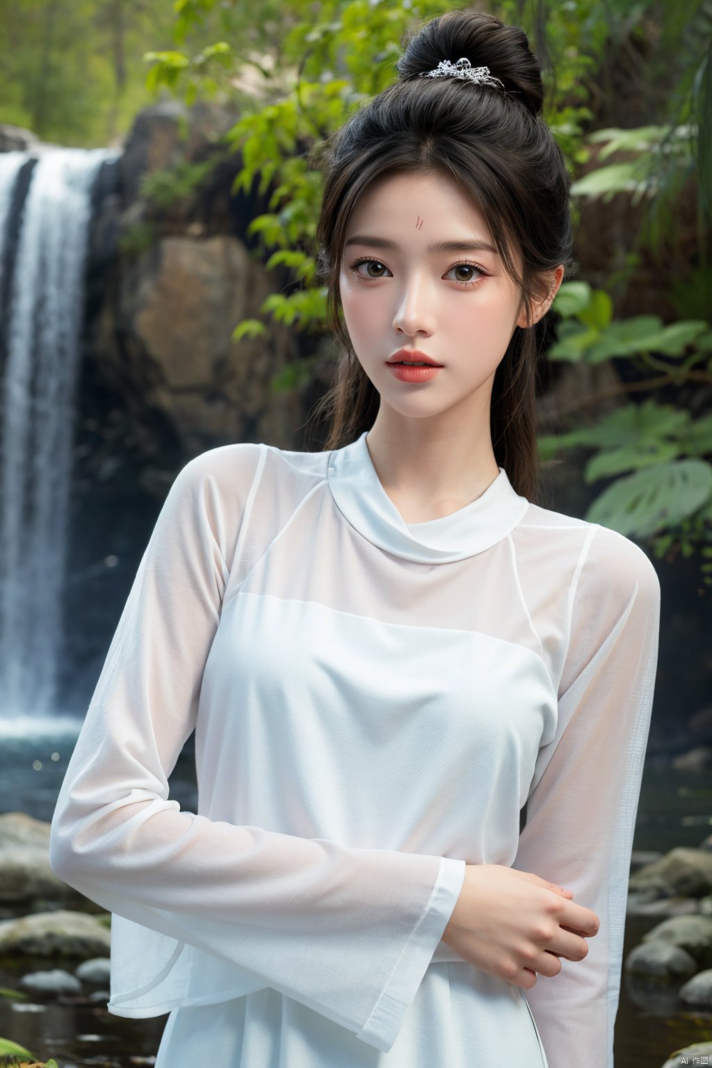 masterpiece,(best quality),official art,extremely detailed cg 8k wallpaper,(extremely delicate and beautiful),solo,realistic,photo_\(medium\),hiqcgbody,(upper body),1girl,white dress,long sleeves,hair bun,forehead mark,long hair,facial mark,hair ornament,,Xluxueqi,full moon,flowers,Waterfall, lotus, willow, butterfly