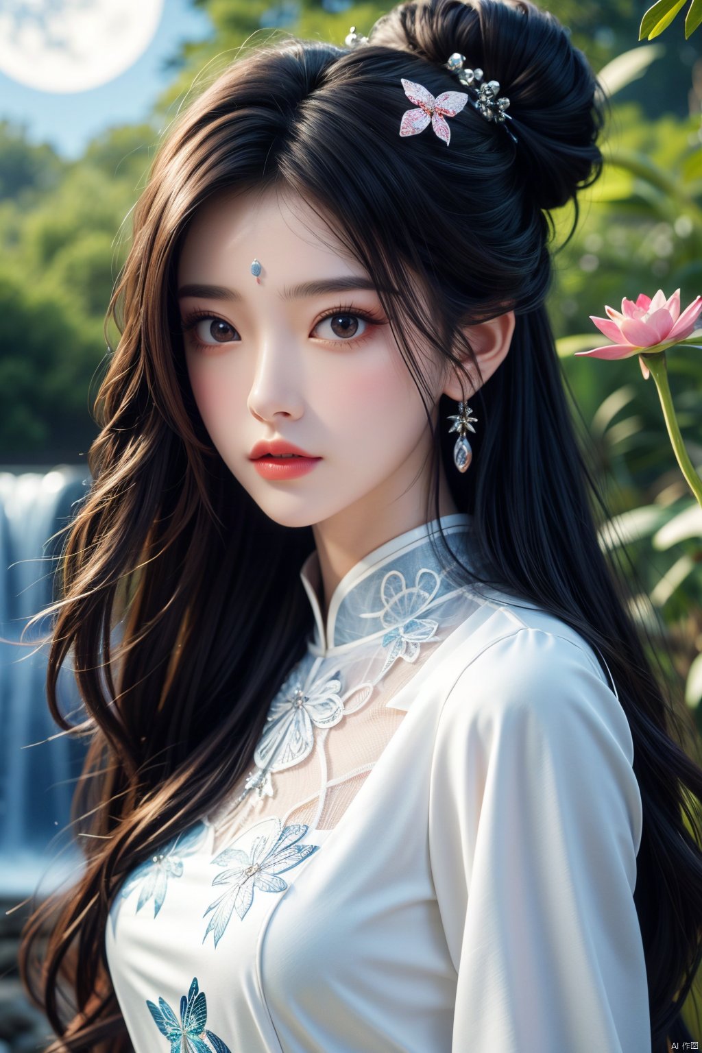 masterpiece,(best quality),official art,extremely detailed cg 8k wallpaper,(extremely delicate and beautiful),solo,realistic,photo_\(medium\),hiqcgbody,(upper body),1girl,white dress,long sleeves,hair bun,forehead mark,long hair,facial mark,hair ornament,,Xluxueqi,full moon,flowers,Waterfall, lotus, willow, butterfly