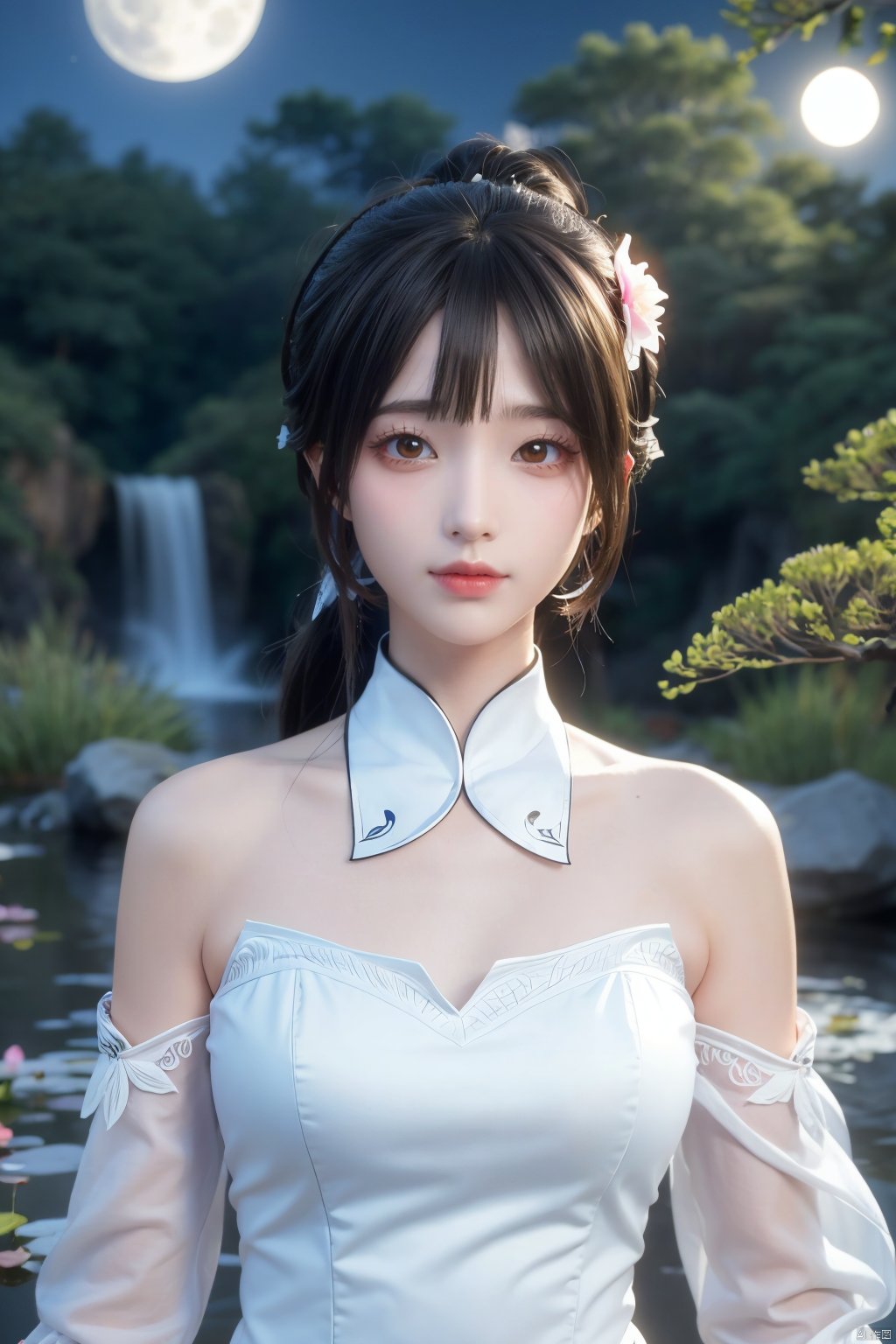 masterpiece,(best quality),official art,extremely detailed cg 8k wallpaper,(extremely delicate and beautiful),solo,realistic,photo_\(medium\),hiqcgbody,(upper body),1girl,white dress,long sleeves,hair bun,forehead mark,long hair,facial mark,hair ornament,,Xluxueqi,full moon,flowers,Waterfall, lotus, willow, butterfly