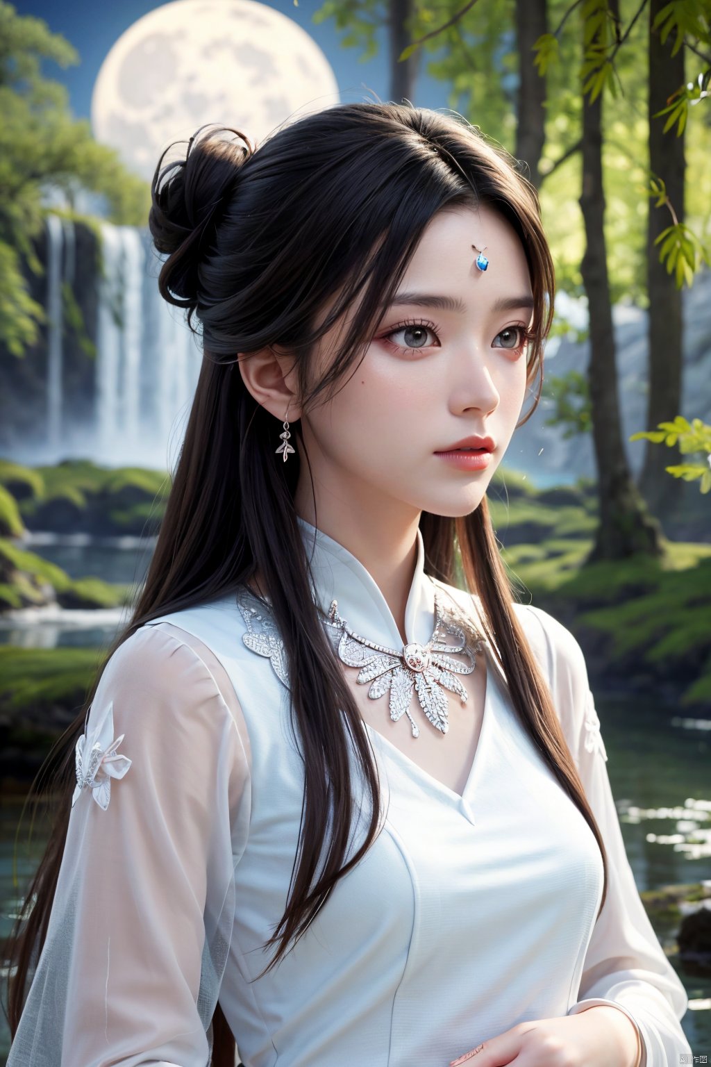 masterpiece,(best quality),official art,extremely detailed cg 8k wallpaper,(extremely delicate and beautiful),solo,realistic,photo_\(medium\),hiqcgbody,(upper body),1girl,white dress,long sleeves,hair bun,forehead mark,long hair,facial mark,hair ornament,,Xluxueqi,full moon,flowers,Waterfall, lotus, willow, butterfly