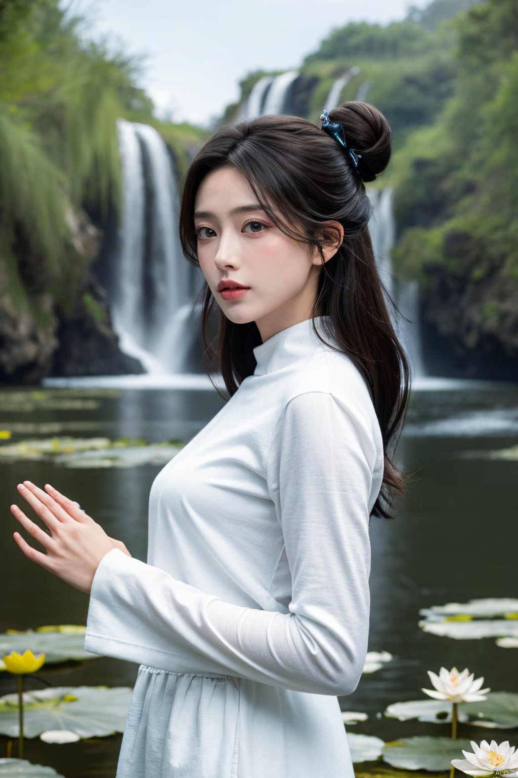 masterpiece,(best quality),official art,extremely detailed cg 8k wallpaper,(extremely delicate and beautiful),solo,realistic,photo_\(medium\),hiqcgbody,(upper body),1girl,white dress,long sleeves,hair bun,forehead mark,long hair,facial mark,hair ornament,,Xluxueqi,full moon,flowers,Waterfall, lotus, willow, butterfly