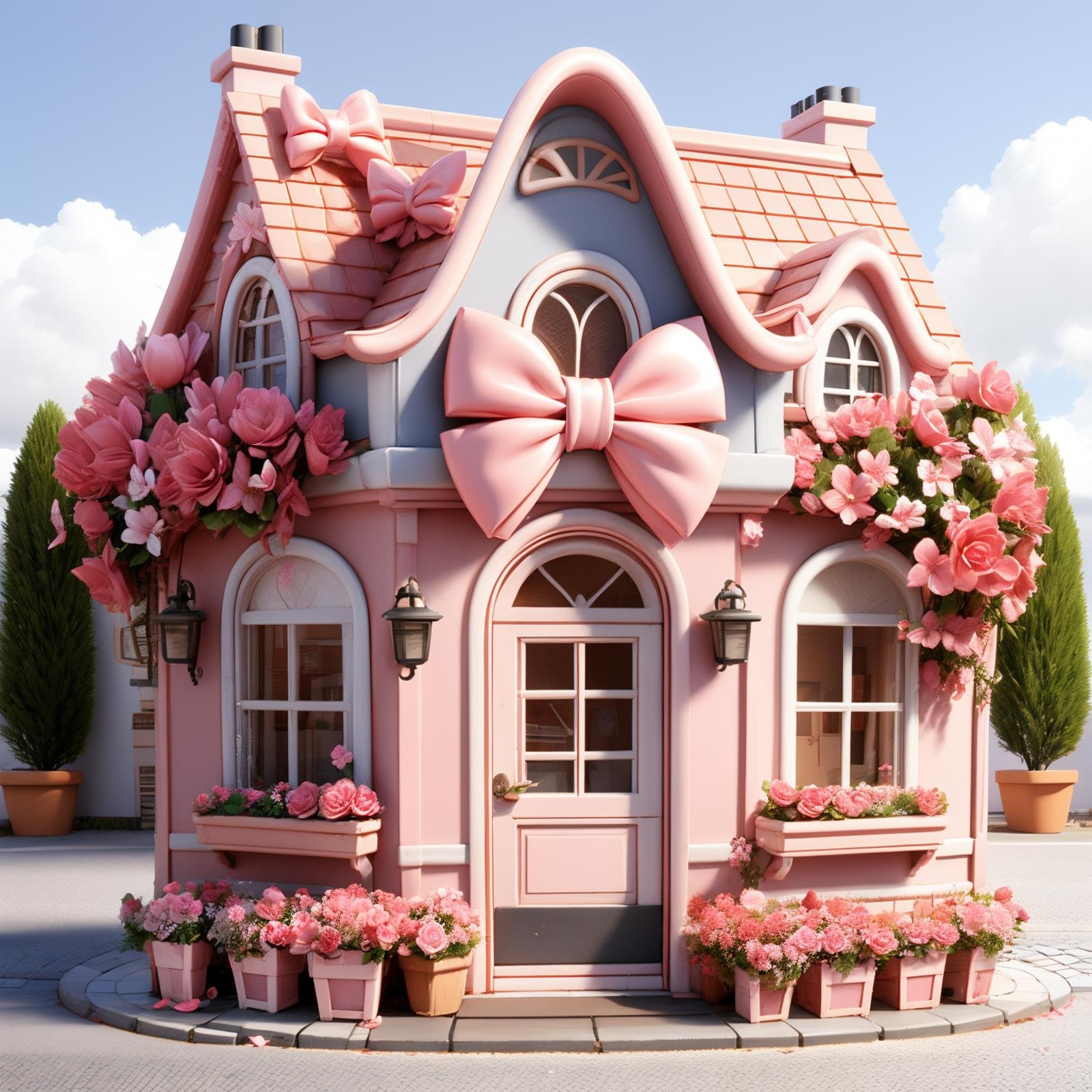 HEZI,play house,Play style,single scene,no humans,flower,plant,scenery,pink flower,rose,outdoors,pink bow,window,door,pink rose,potted plant,bow,ribbon,day,blurry,petals,building,flower pot,shop,arch,bush,red flower,