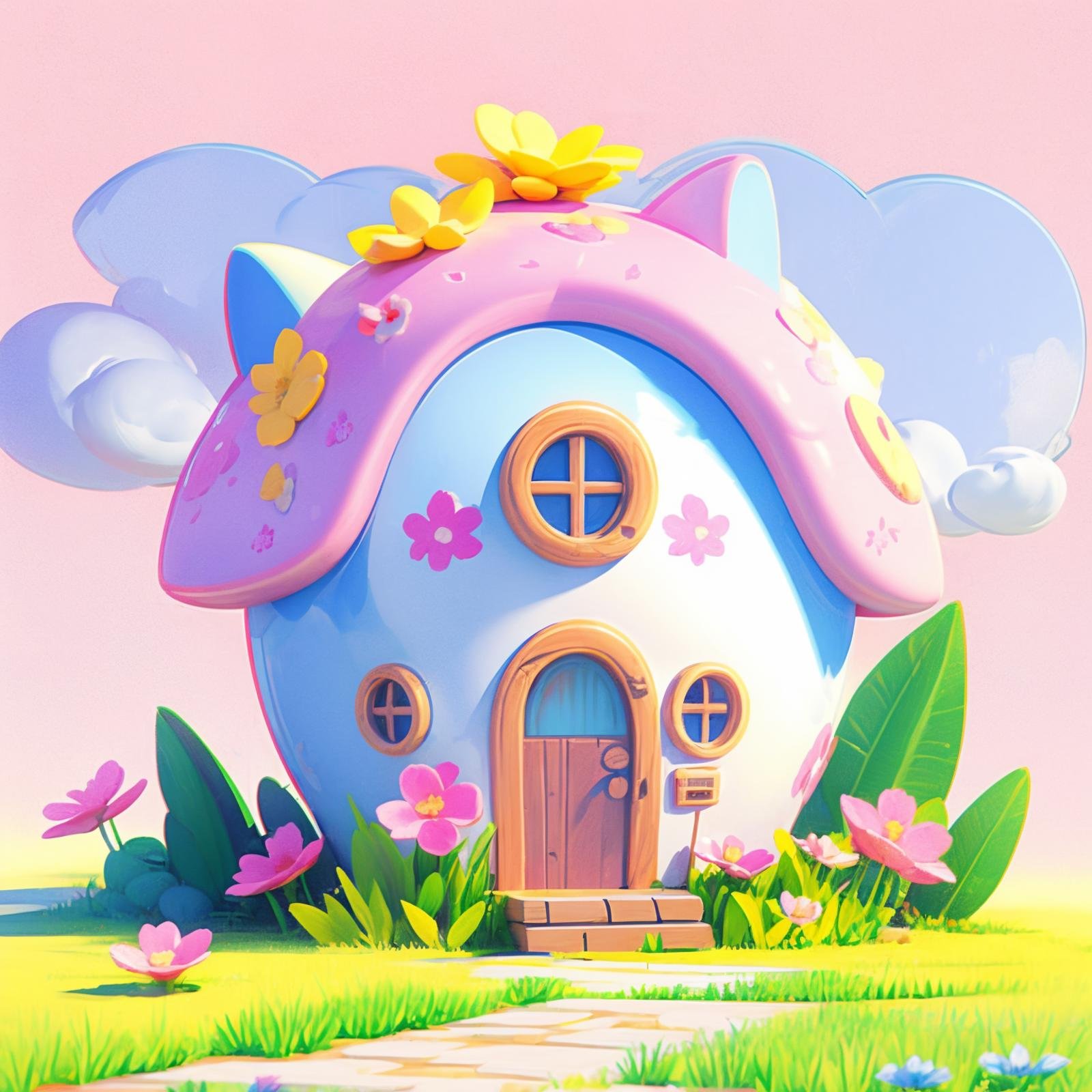 HEZI,play house,Play style,single scene,grass,no humans,outdoors,flower,sky,cloud,day,pink flower,blue sky,window,food,book,building,house,scenery,cat,cloudy sky,