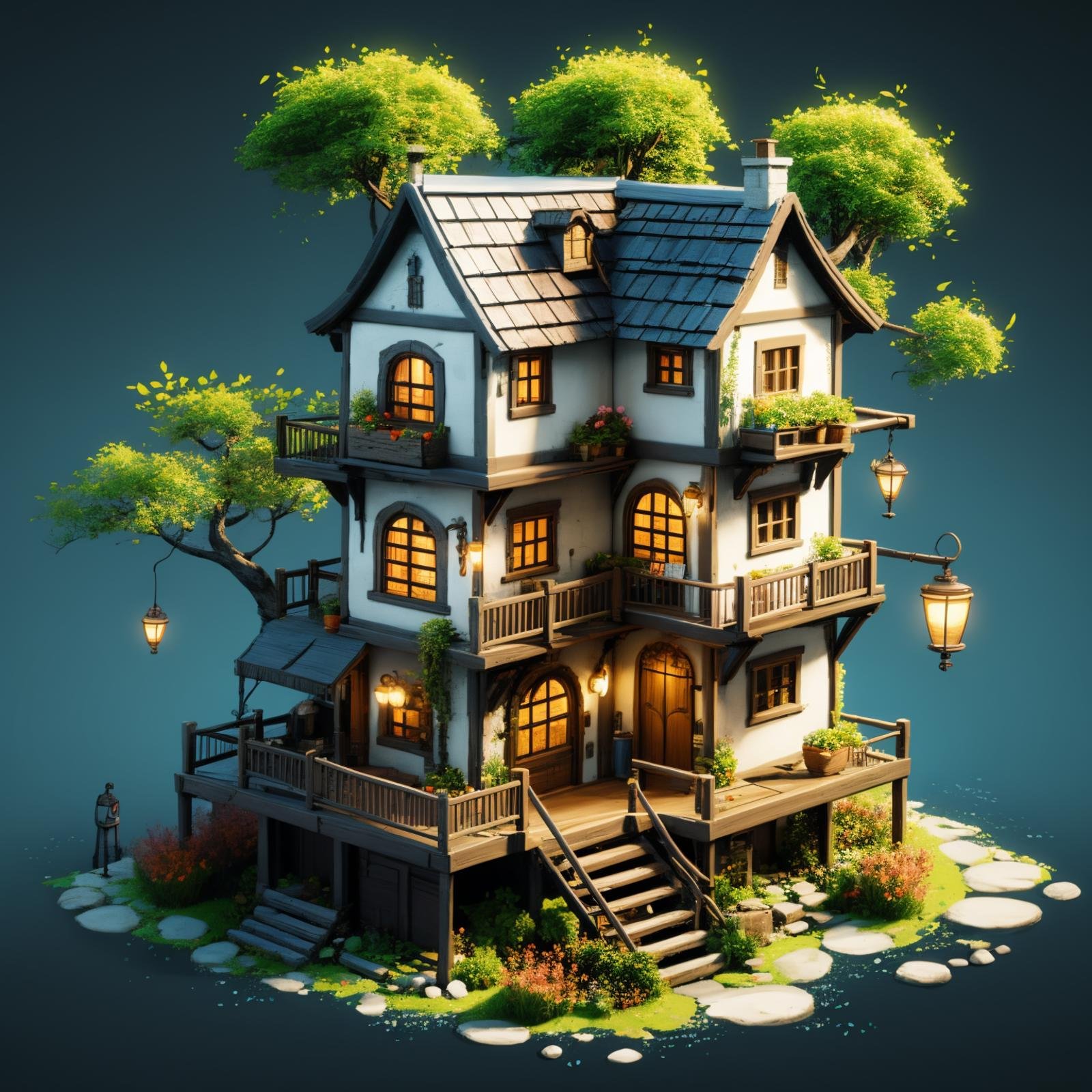 HEZI,play house,Play style,single scene,tree,stairs,scenery,flower,1girl,house,plant,grass,ladder,window,door,chimney,1boy,fantasy,water,potted plant,lantern,outdoors,