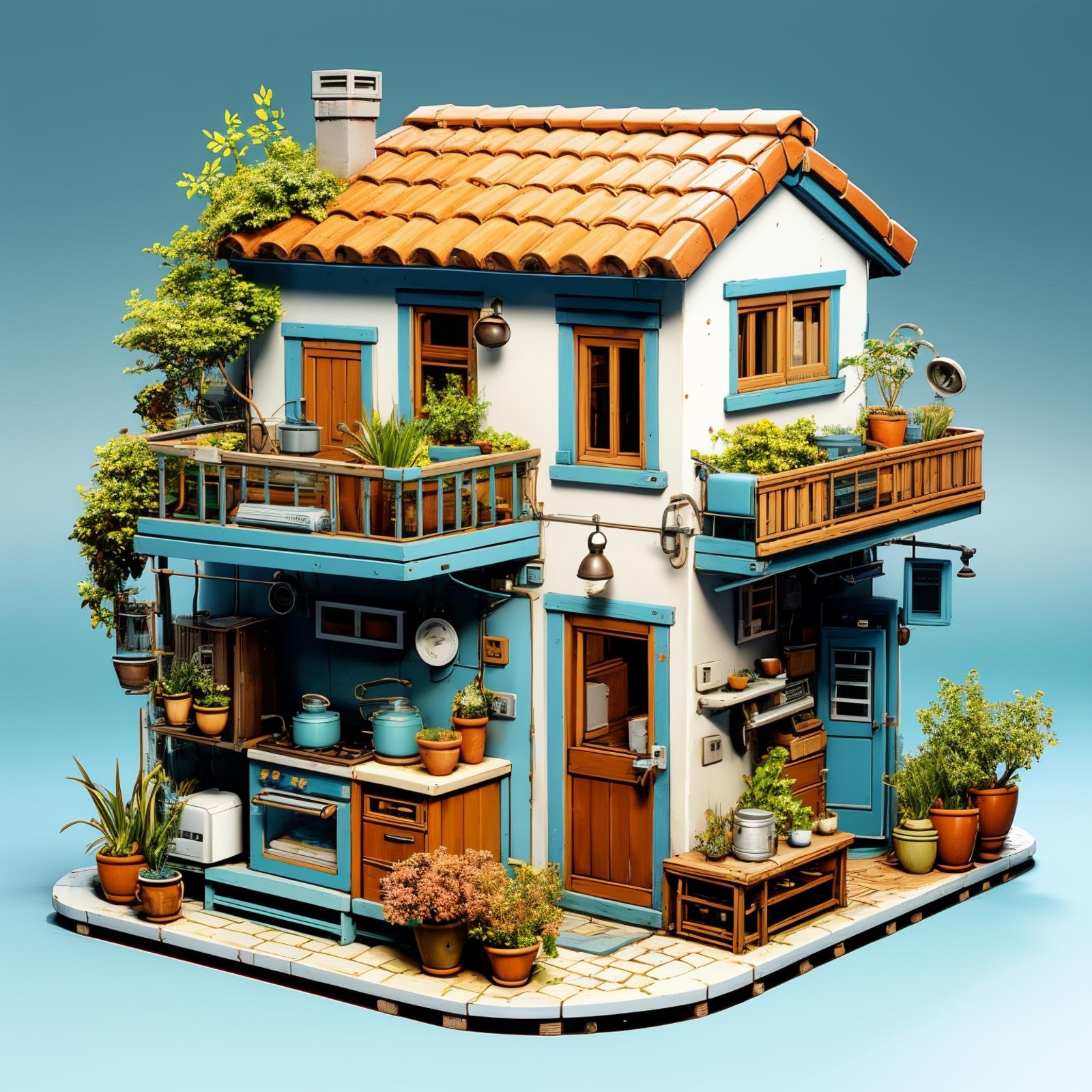 HEZI,play house,Play style,single scene,no humans,plant,scenery,potted plant,stove,chimney,barrel,door,window,outdoors,stairs,tree,crate,clock,bottle,air conditioner,blue background,industrial pipe,kettle,flower pot,simple background,kitchen,watering can,lantern,flower,brick,