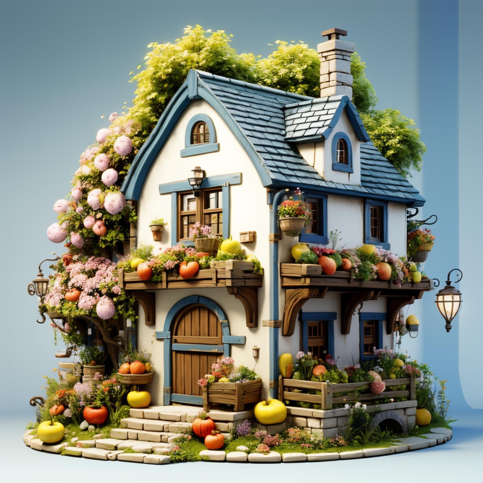 HEZI,play house,Play style,single scene,no humans,fruit,food,tree,lantern,potted plant,plant,scenery,chimney,flower,basket,stairs,door,barrel,window,house,apple,outdoors,blue background,garden,lamp,mushroom,grass,table,simple background,vase,fantasy,