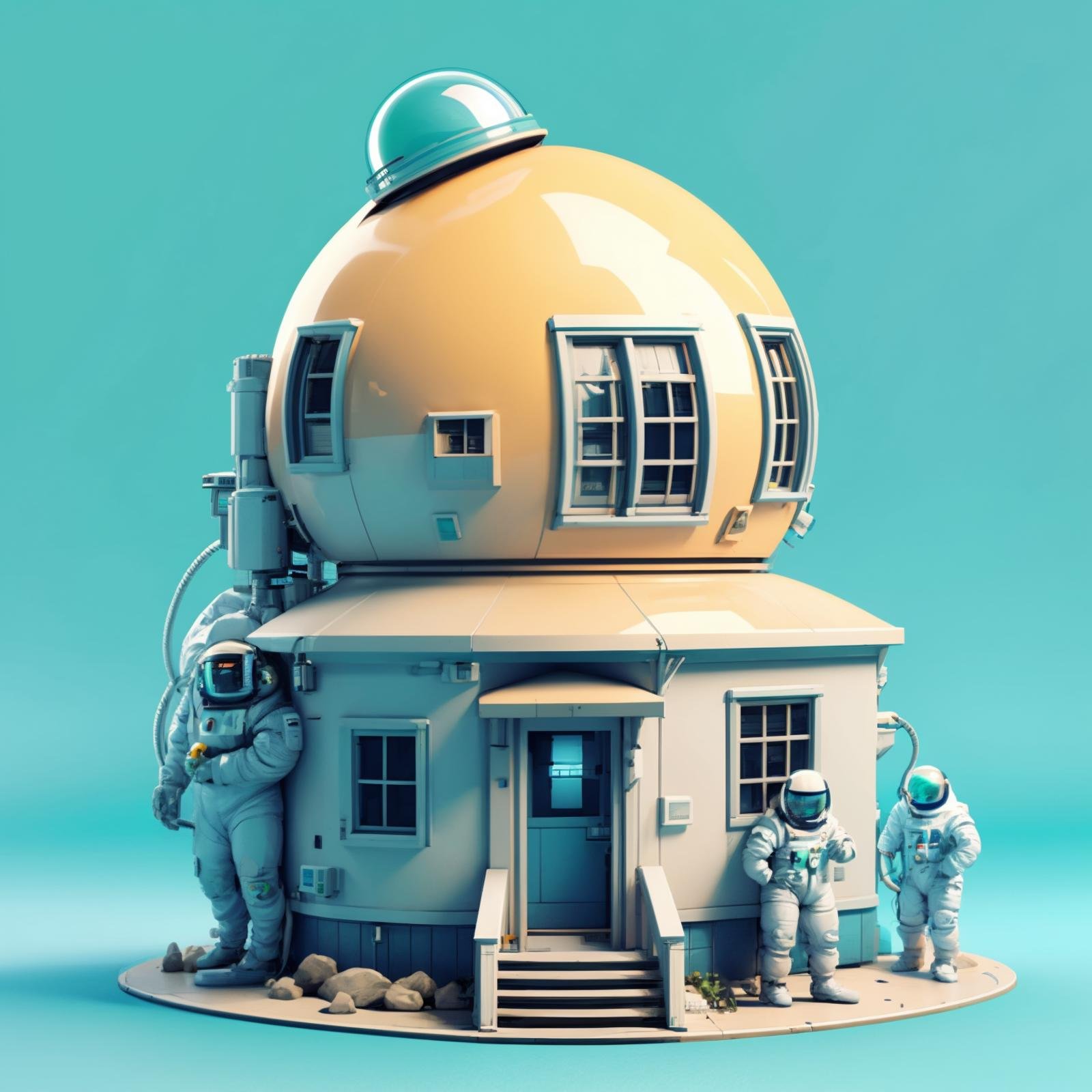 HEZI,play house,Play style,single scene,stairs,window,door,helmet,astronaut,ladder,cable,multiple boys,holding,standing,1other,scenery,simple background,spacesuit,science fiction,aqua background,rock,industrial pipe,