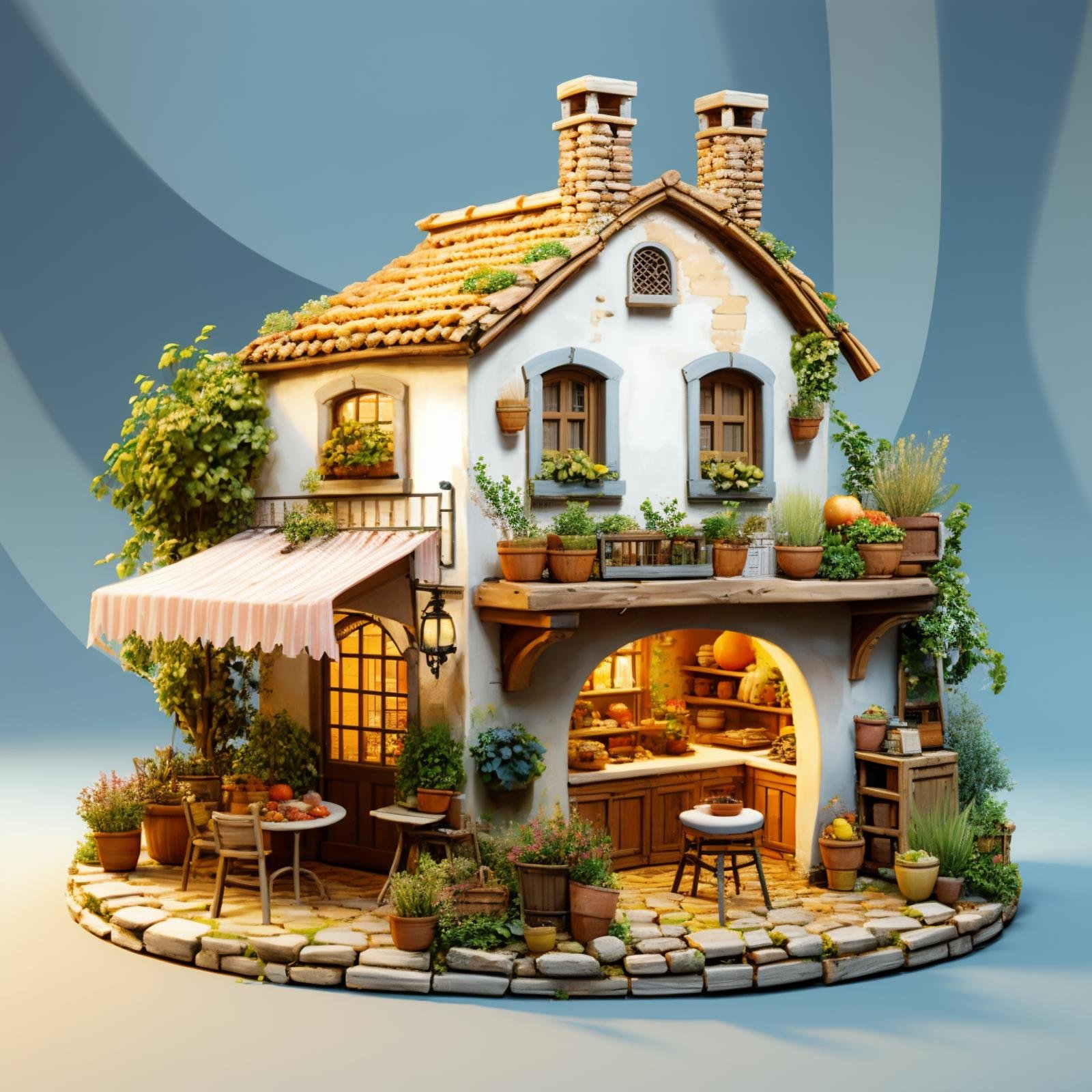 HEZI,play house,Play style,single scene,no humans,scenery,chimney,plant,food,door,bread,fruit,window,table,potted plant,apple,basket,outdoors,chair,plate,barrel,stairs,blue background,cup,pavement,arch,day,flower,crate,house,building,vase,vines,baguette,garden,simple background,orange \(fruit\),tablecloth,fantasy,brick,stool,