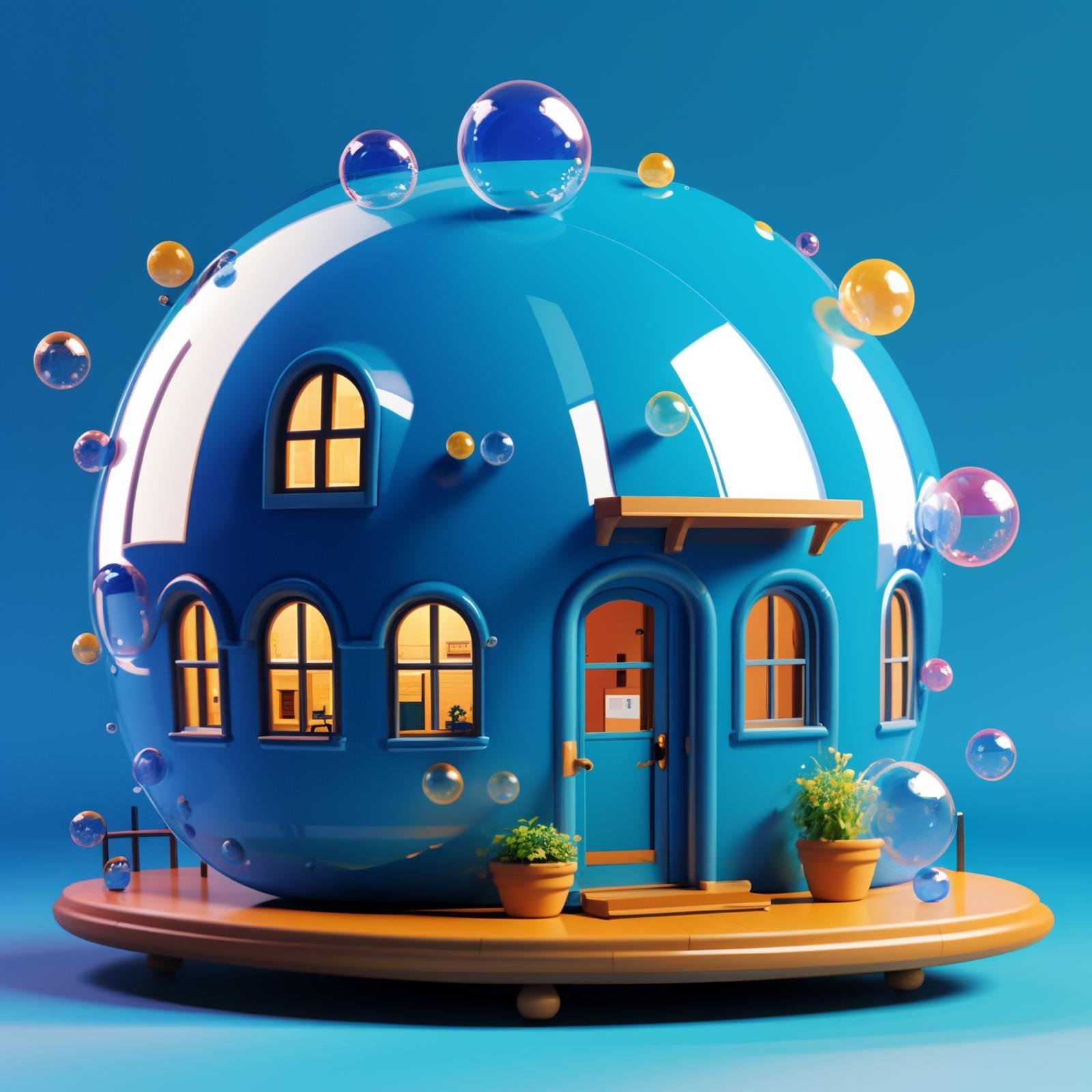 HEZI,play house,Play style,single scene,no humans,window,bubble,stairs,door,plant,blue background,scenery,simple background,flower,ladder,flower pot,shadow,potted plant,railing,house,artist name,outdoors,building,air bubble,