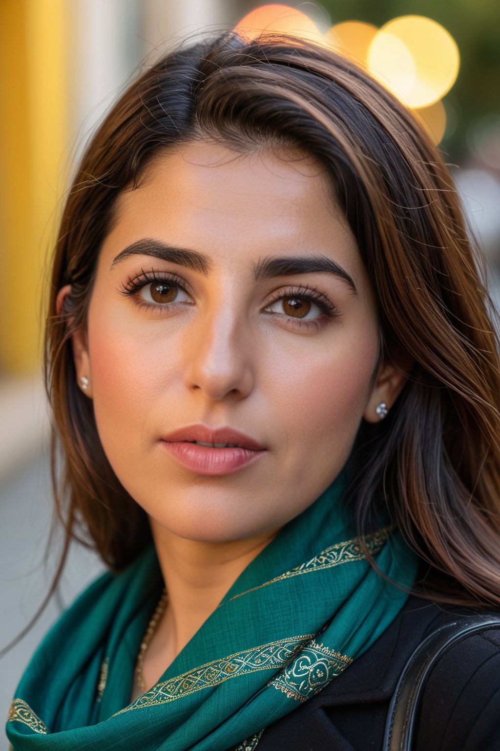 Close-up portrait of beautiful woman,rare beauty and charm.Age : 30,She is of Iranian,Turkmen, and Iraqi Arab descent on her father side,and of Iranian,Azerbaijani,and Kurdish,descent on her mother’s side,ultra realistic,bokeh,portre,high-quality,FUJIFILM XT3,secular background,Lisbon,liberal background.