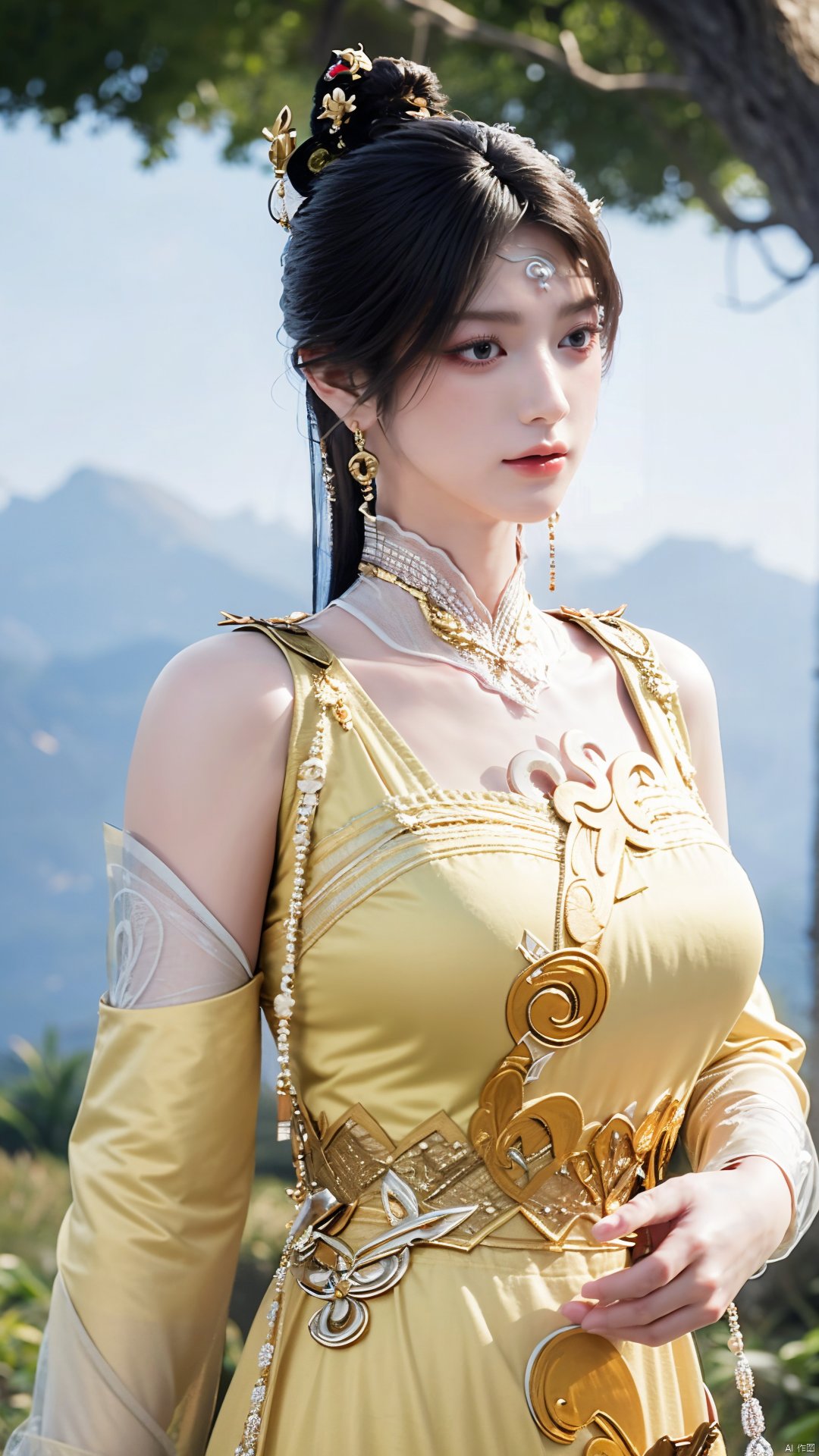 masterpiece,(best quality),official art,(extremely delicate and beautiful),solo,(yellow chinese clothes,yellow dress,bare shoulders,frilled collar,earrings,long sleeves),1girl,solo,black hair,facial mark,forehead mark,hair bun,hair ornament,hair stick,jewelry,long hair,,adfxx,,Xjinpinger,(big breasts:1.29),