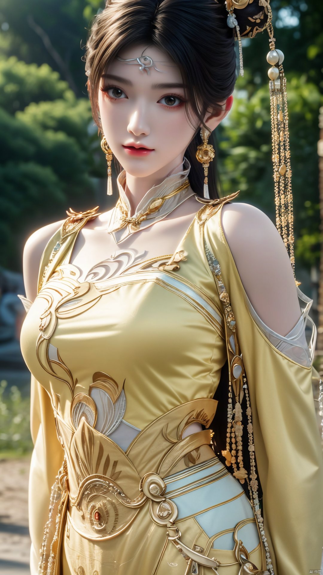 masterpiece,(best quality),official art,(extremely delicate and beautiful),solo,(yellow chinese clothes,yellow dress,bare shoulders,frilled collar,earrings,long sleeves),1girl,solo,black hair,facial mark,forehead mark,hair bun,hair ornament,hair stick,jewelry,long hair,,adfxx,,Xjinpinger,(big breasts:1.29),