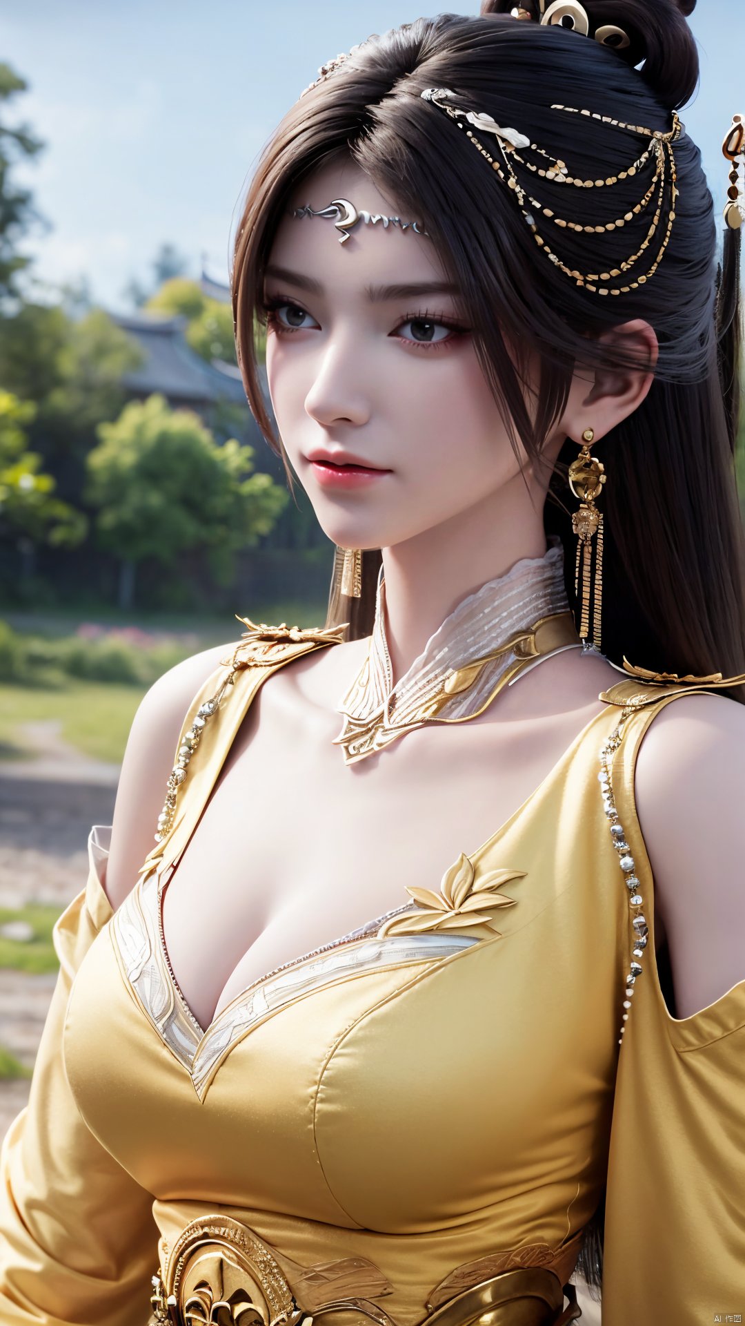 masterpiece,(best quality),official art,extremely detailed cg 8k wallpaper,(extremely delicate and beautiful),solo,realistic,photo_\(medium\),portrait,adfxx,(,:1.2),portrait,(yellow chinese clothes,yellow dress,bare shoulders,frilled collar,earrings,long sleeves),1girl,solo,black hair,facial mark,forehead mark,hair bun,hair ornament,hair stick,jewelry,long hair,,adfxx,,Xjinpinger,(big breasts:1.29),