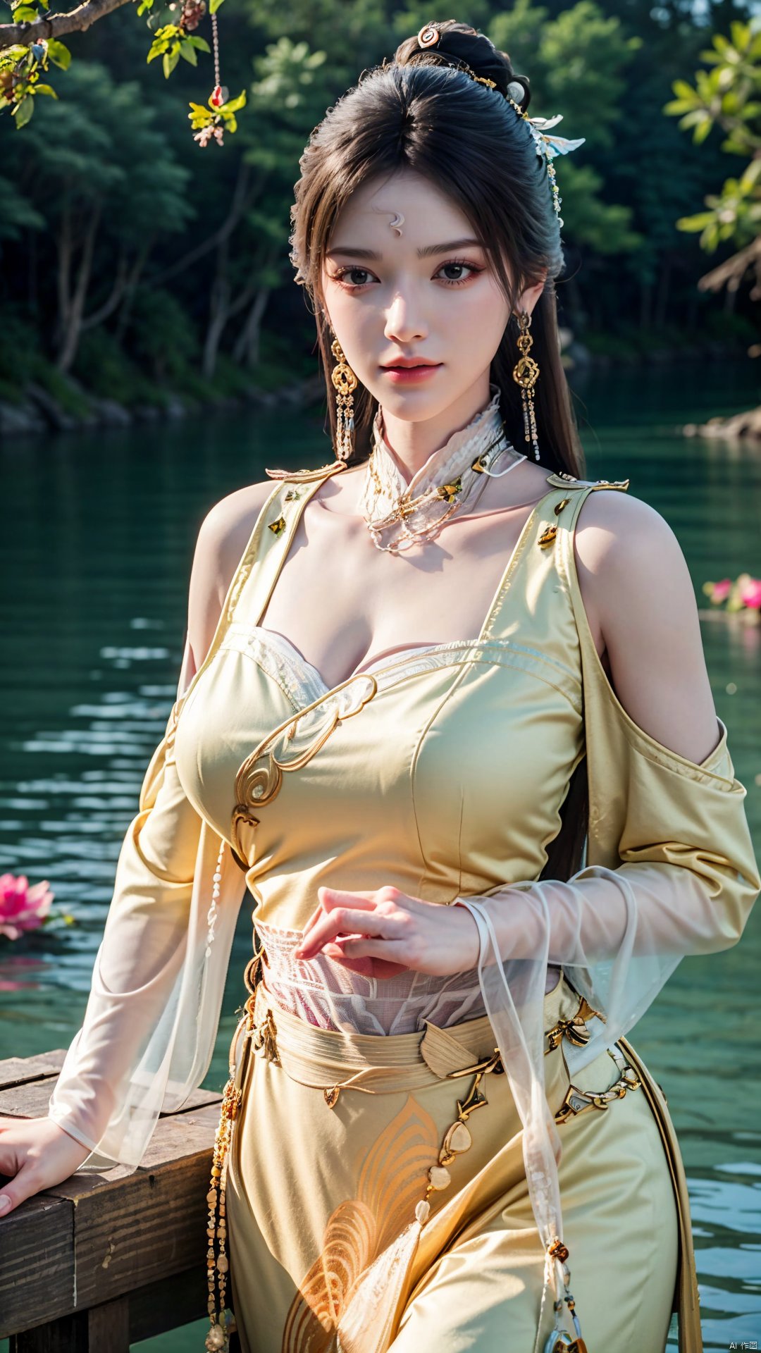 masterpiece,(best quality),official art,(extremely delicate and beautiful),solo,(yellow chinese clothes,yellow dress,bare shoulders,frilled collar,earrings,long sleeves),1girl,solo,black hair,facial mark,forehead mark,hair bun,hair ornament,hair stick,jewelry,long hair,,adfxx,,Xjinpinger,(big breasts:1.39),flowers,Waterfall, lotus, willow, butterfly