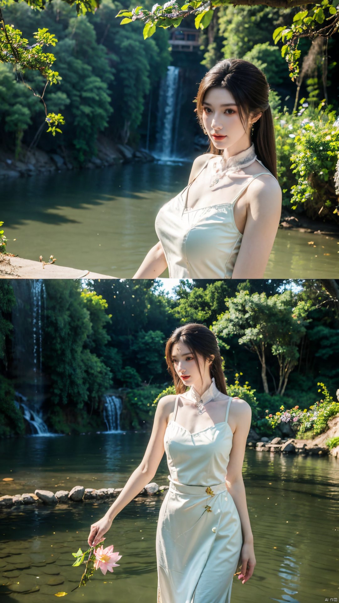  masterpiece,(best quality),a girl,,cowboy lens,Xjinpinger,(big breasts:1.23),flowers,Waterfall, lotus, willow, butterfly