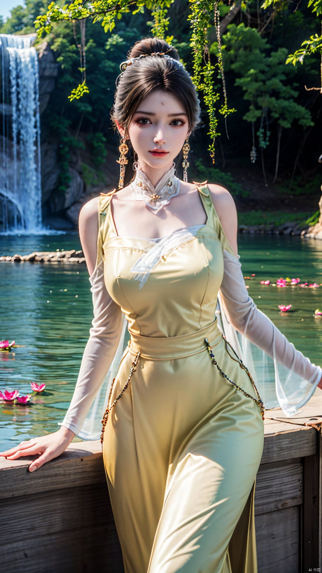  masterpiece,(best quality),a girl,,cowboy lens,Xjinpinger,(big breasts:1.23),flowers,Waterfall, lotus, willow, butterfly