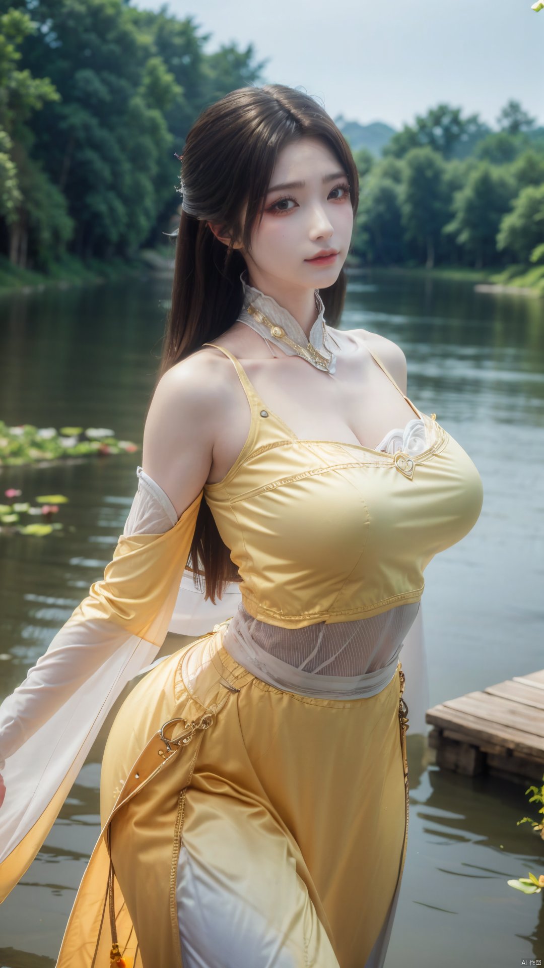  masterpiece,(best quality),a girl,,cowboy lens,Xjinpinger,(big breasts:1.23),flowers,Waterfall, lotus, willow, butterfly