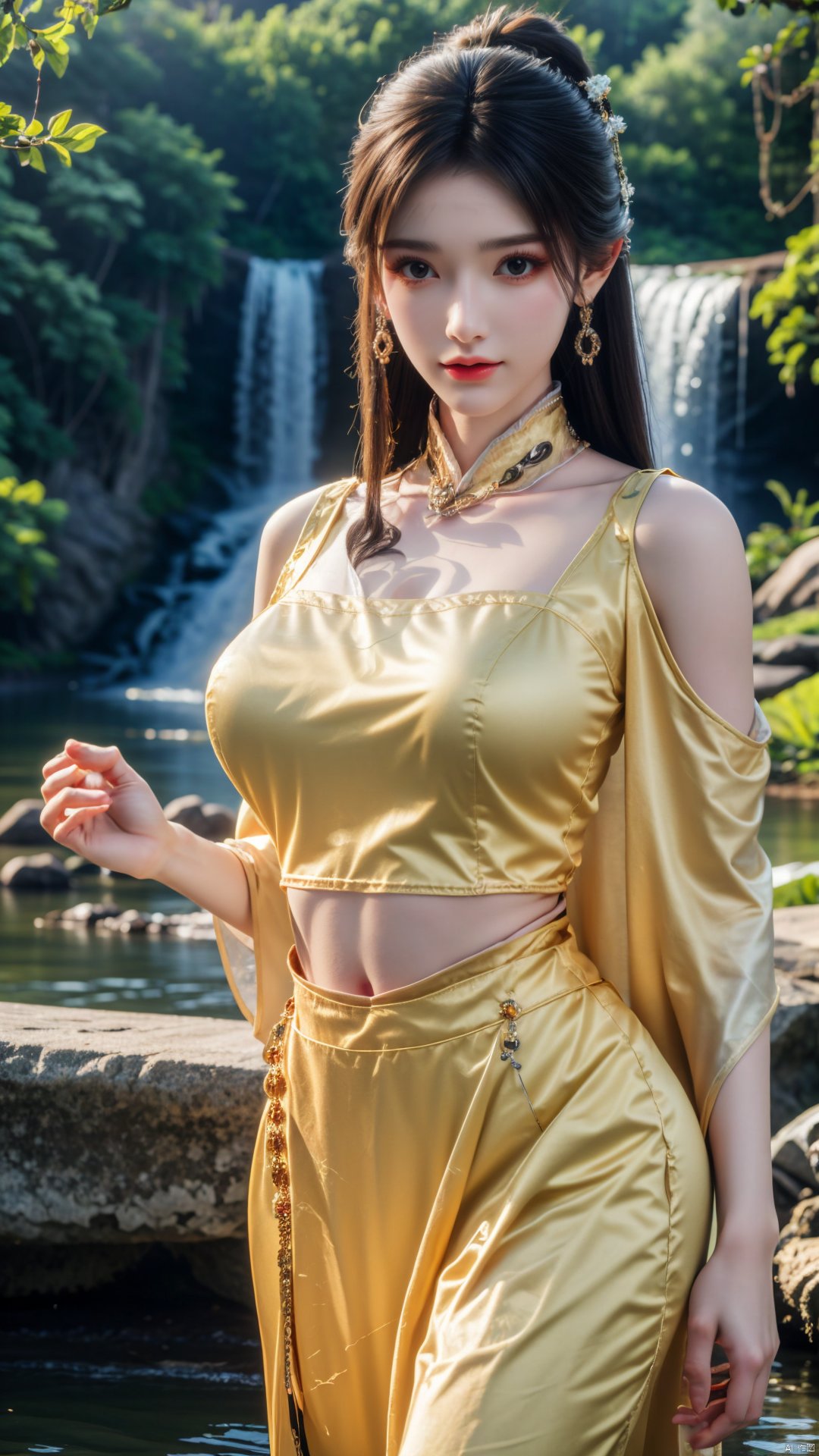  masterpiece,(best quality),a girl,,cowboy lens,Xjinpinger,(big breasts:1.23),flowers,Waterfall, lotus, willow, butterfly