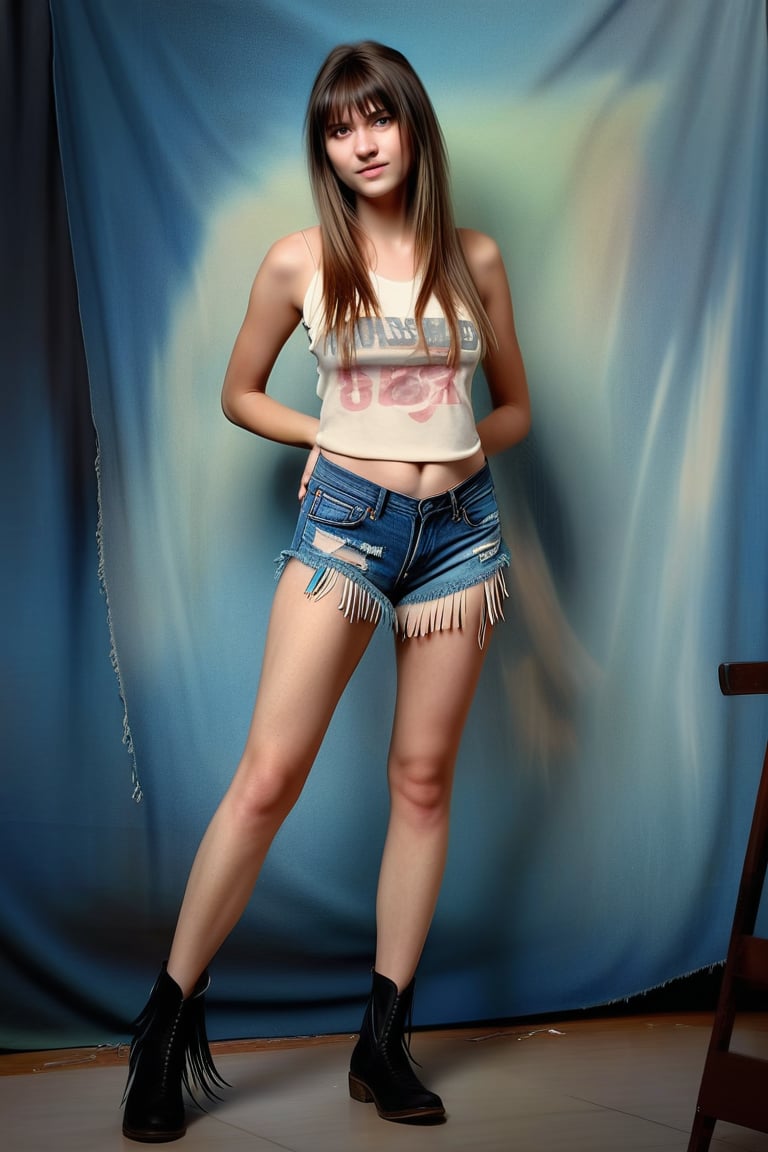 professional photograph of a young woman indoors, ,
hyperrealistic, masterpiece, 8k, trending on artstation, centerfold, hazy atmosphere, 
18yo, 1girl, more detail XL tattered tight cut off jean shorts with fringe on the bottom, ()