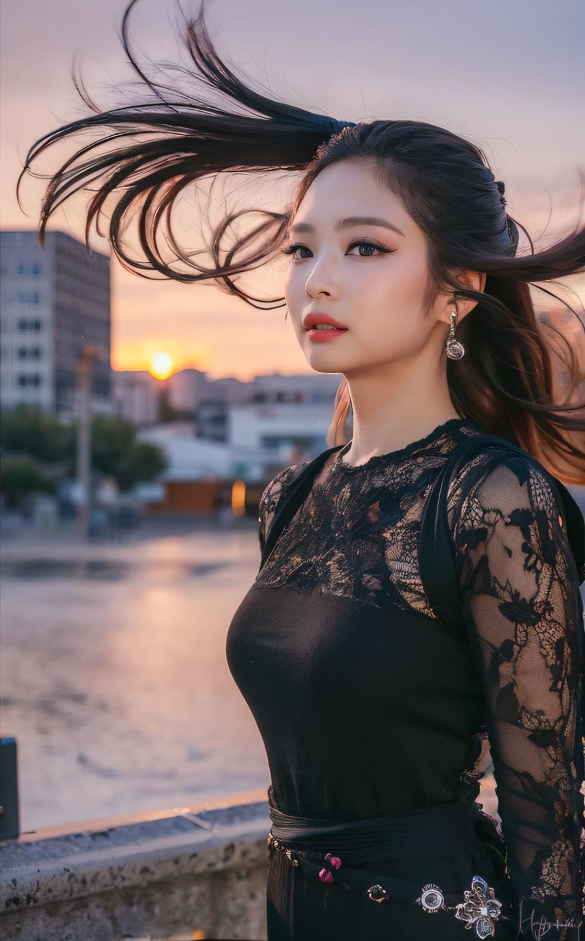 (realistic), (hyperrealism), (photorealistic:1.4), 1girl, looking at the viewer, eye makeup, detailed eyes, detailed face, (upper body:1.2), detailed background, black dress, walking at the streets, sunset, (windy:1.2) <lora:Jennie_V1:1> J€nn!e