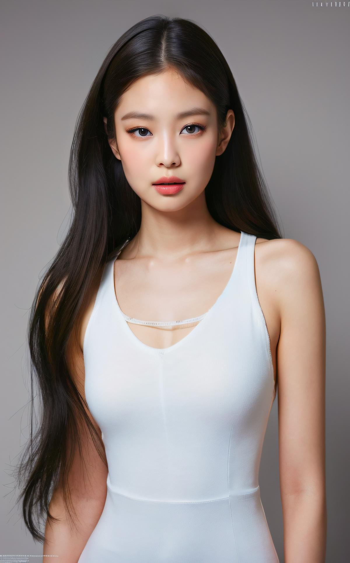 <lora:Jennie_V1:1> J€nn!e, Best quality, masterpiece, ultra high res, (photorealistic:1.4), raw photo,1girl, solo, realistic, (looking at viewer:1.2), upper body,simple gray background, white dress, long hair