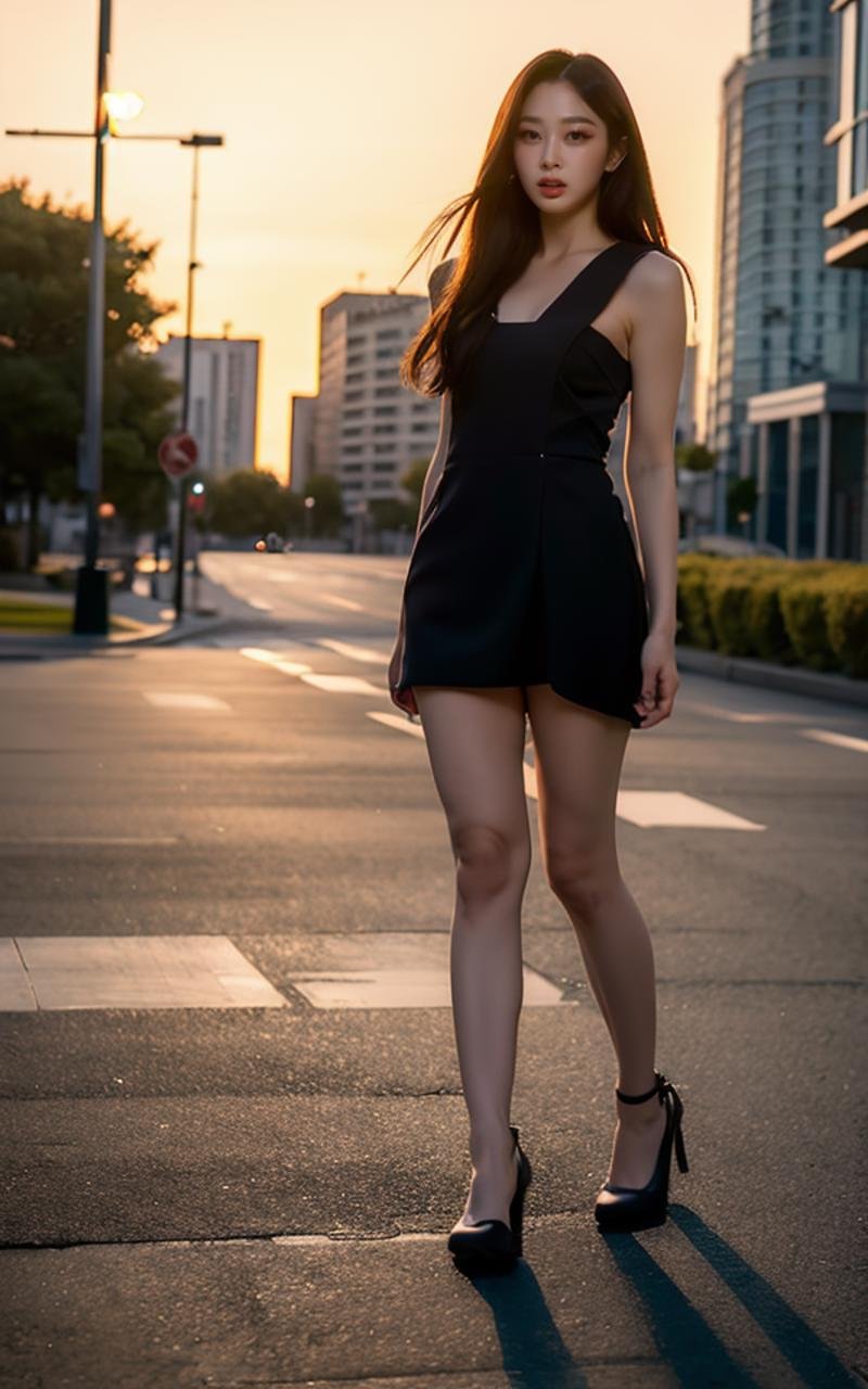 <lora:Giselle_V1:1> G!$ell€,, (realistic), (hyperrealism), (photorealistic:1.4), 1girl, looking at the viewer, eye makeup, detailed eyes, detailed face, (upper body:1.2), detailed background, black dress, walking at the streets, sunset, (windy:1.2)