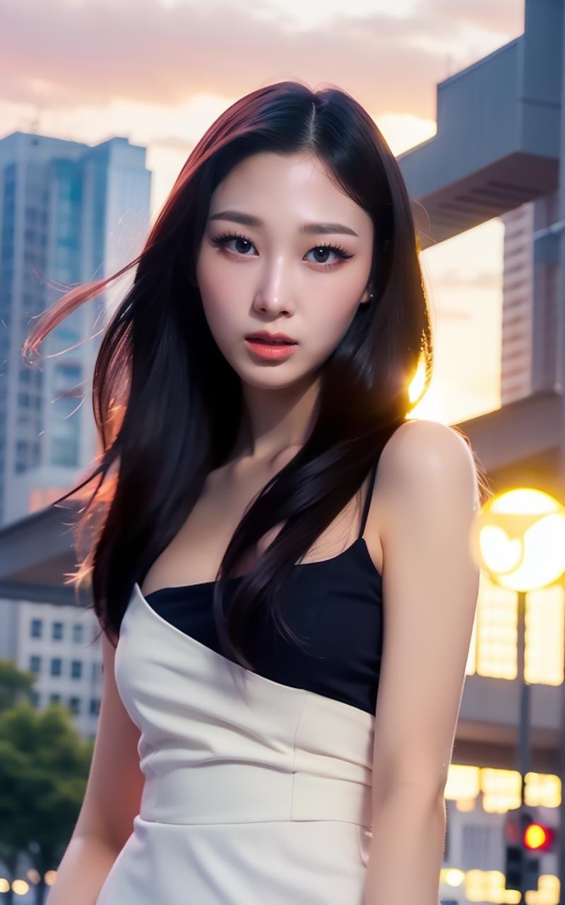 <lora:Giselle_V1:1> G!$ell€,, (realistic), (hyperrealism), (photorealistic:1.4), 1girl, looking at the viewer, eye makeup, detailed eyes, detailed face, (upper body:1.2), detailed background, black dress, walking at the streets, sunset, (windy:1.2)