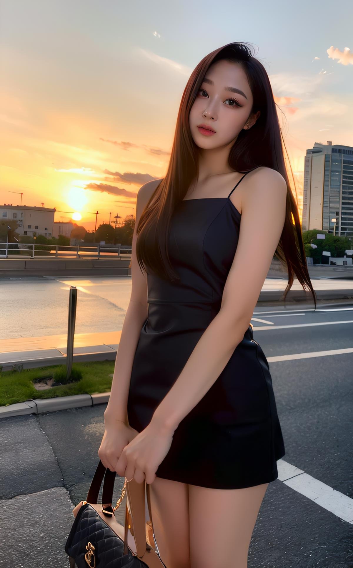 <lora:Giselle_V1:1> G!$ell€,, (realistic), (hyperrealism), (photorealistic:1.4), 1girl, looking at the viewer, eye makeup, detailed eyes, detailed face, (upper body:1.2), detailed background, black dress, walking at the streets, sunset, (windy:1.2)