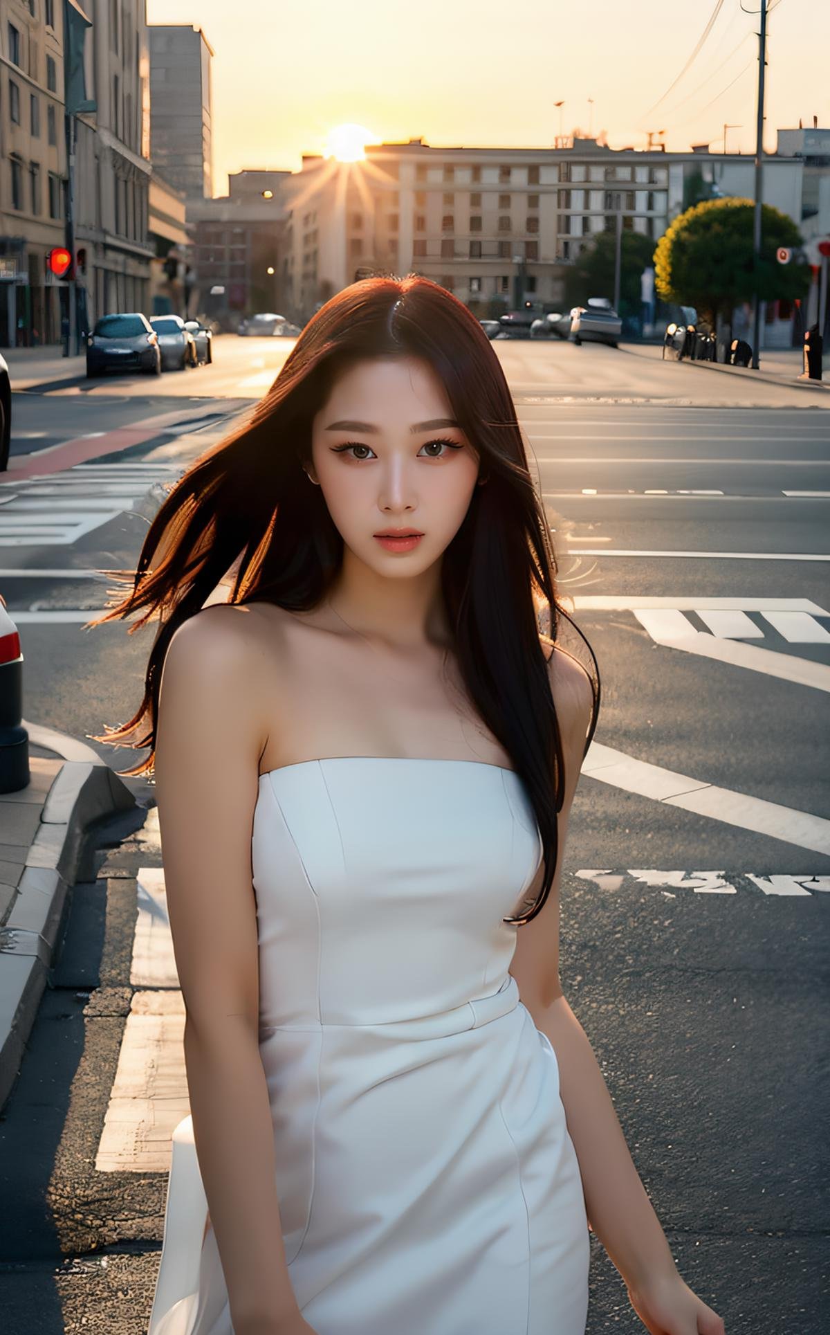 <lora:Giselle_V1:1> G!$ell€,, (realistic), (hyperrealism), (photorealistic:1.4), 1girl, looking at the viewer, eye makeup, detailed eyes, detailed face, (upper body:1.2), detailed background, black dress, walking at the streets, sunset, (windy:1.2)