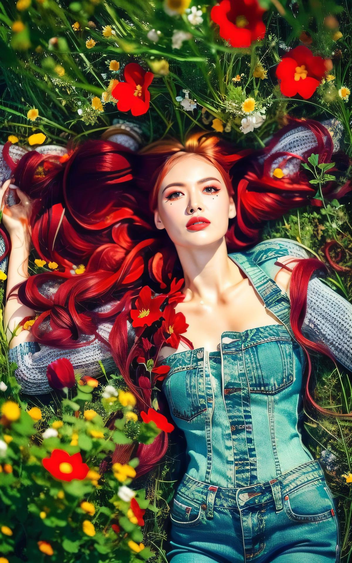 <lora:Hyuna_V1:1> Hyuna_V1,, (smiling:1.2),  , (fullbody:1.2),  (realistic), (hyperrealism), (photorealistic:1.4), 1girl,  looking at the viewer, red flowers, eye makeup, detailed eyes, detailed face, (upper body:1.2), Lying on flower bed , grass field, Colorful flowers,, sunset, (windy:1.2)  z1pp3rsw3at3r,, sleeves past wrists, zipper sweater, Denim jeans   <lora:zoom_slider_v1:-2>  <lora:FLowBed:1> FLowBed  