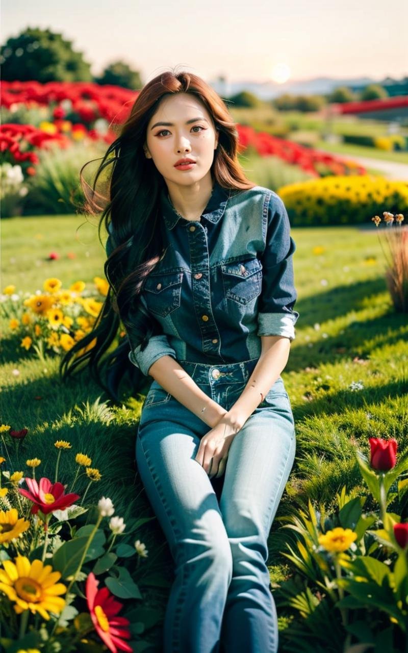 <lora:Hyuna_V1:1> Hyuna_V1,, (smiling:1.2),  , (fullbody:1.2),  (realistic), (hyperrealism), (photorealistic:1.4), 1girl,  looking at the viewer, red flowers, eye makeup, detailed eyes, detailed face, (upper body:1.2), Lying on flower bed , grass field, Colorful flowers,, sunset, (windy:1.2)  z1pp3rsw3at3r,, sleeves past wrists, zipper sweater, Denim jeans   <lora:zoom_slider_v1:-2>   <lora:FlowBed_V2:1> FlowBed_V2