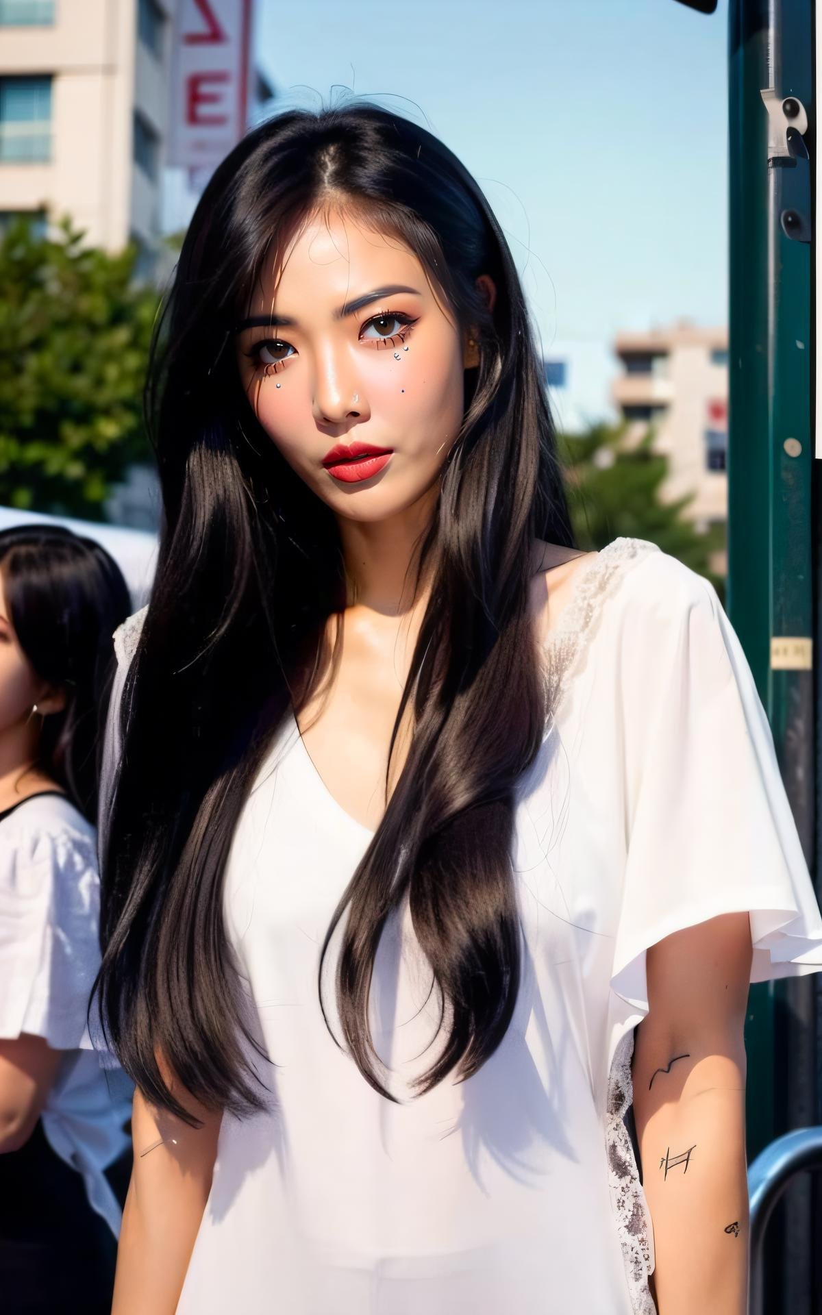 <lora:Hyuna_V1:1> Hyuna_V1,, (realistic), (hyperrealism), (photorealistic:1.4), 1girl, looking at the viewer, eye makeup, detailed eyes, detailed face, (upper body:1.2), detailed background, black dress, walking at the streets, sunset, (windy:1.2)