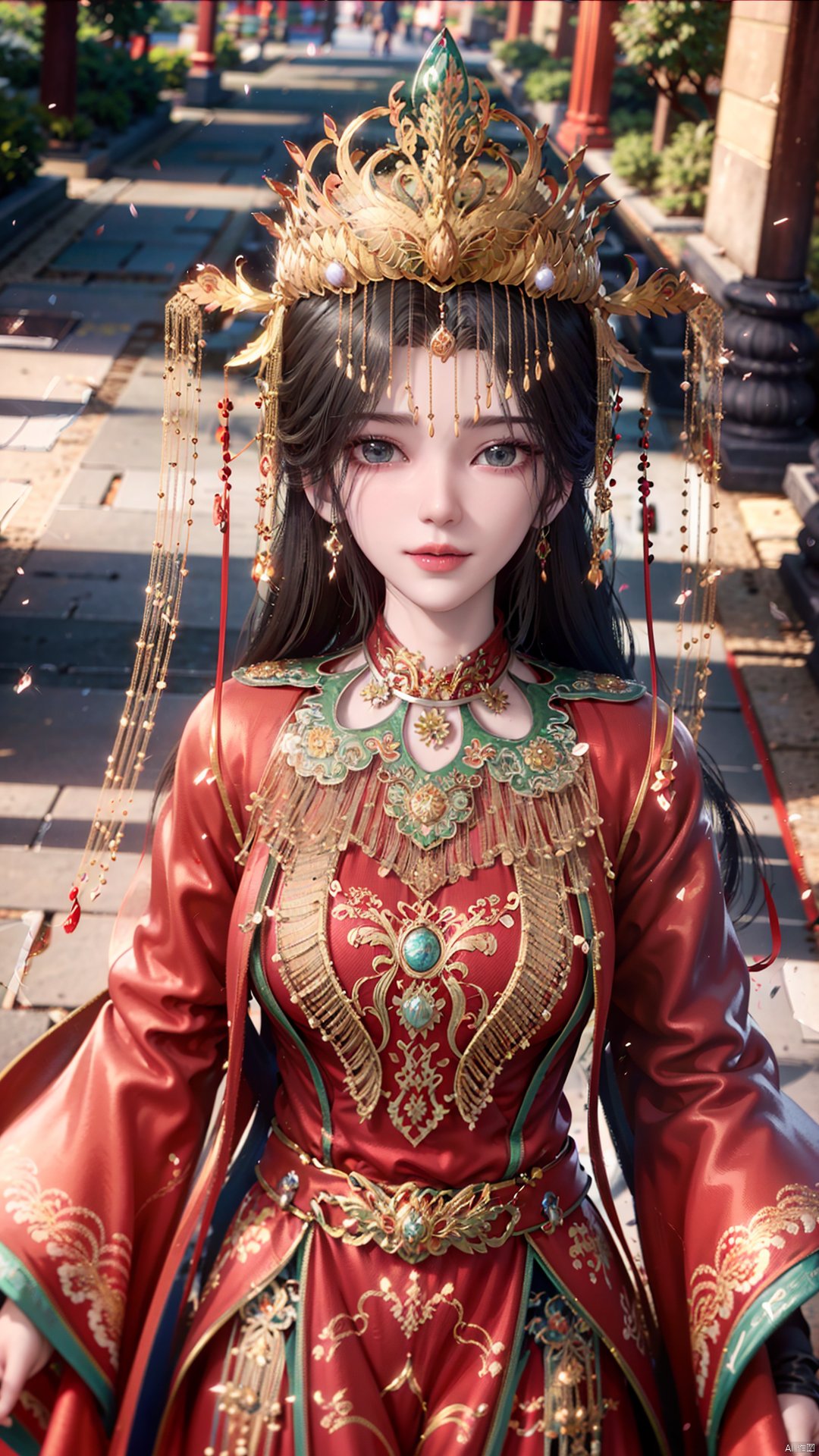 1girl, solo, red dress, jewelry, looking at viewer, long hair, dress, earrings, hair ornament, mischevious smile, perfect body, scenery, sharp focus, best quality, masterpiece, detailed outfit, illustration, perfect eyes, finely detailed beautiful anime eyes, realistic skin, intricate details, best lighting, depth of field, ultra high resolution,cowboy_shot, dynamic pose, dynamic angle,