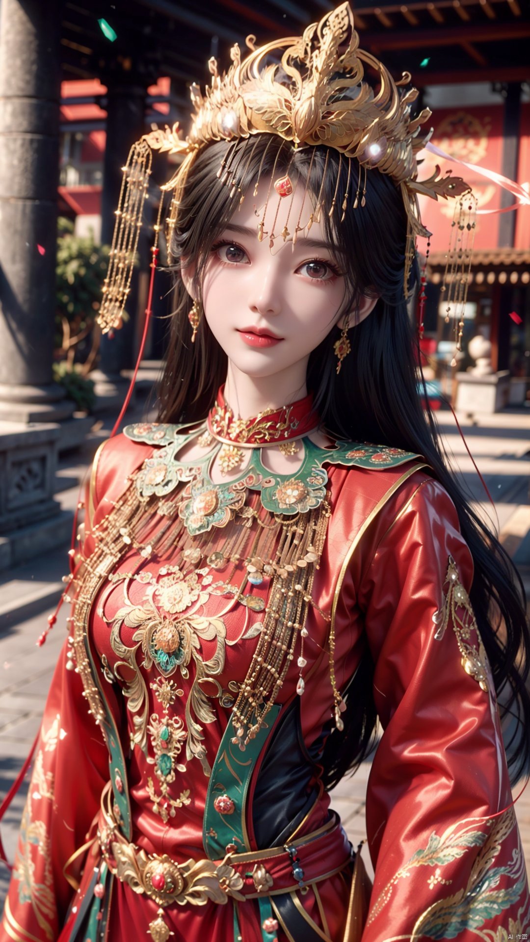 1girl, solo, red dress, jewelry, looking at viewer, long hair, dress, earrings, hair ornament, mischevious smile, perfect body, scenery, sharp focus, best quality, masterpiece, detailed outfit, illustration, perfect eyes, finely detailed beautiful anime eyes, realistic skin, intricate details, best lighting, depth of field, ultra high resolution,cowboy_shot, dynamic pose, dynamic angle,