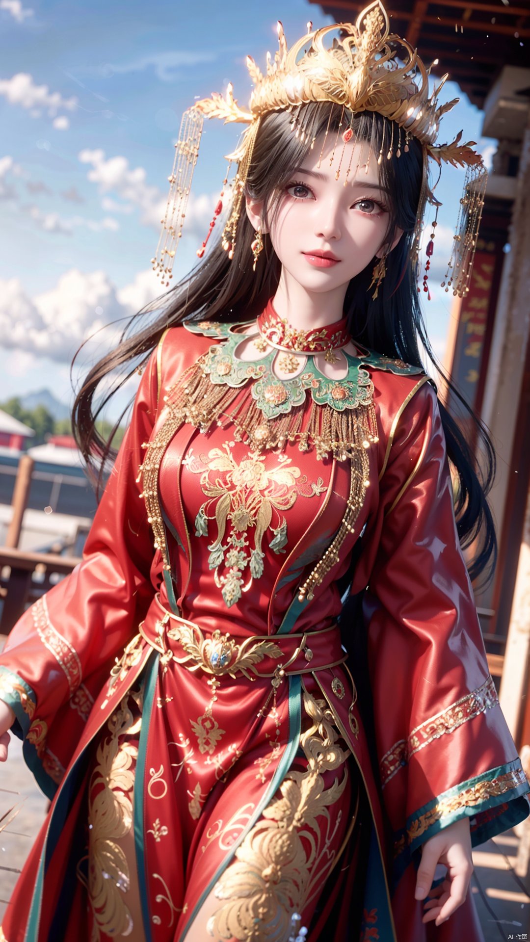 1girl, solo, red dress, jewelry, looking at viewer, long hair, dress, earrings, hair ornament, mischevious smile, perfect body, scenery, sharp focus, best quality, masterpiece, detailed outfit, illustration, perfect eyes, finely detailed beautiful anime eyes, realistic skin, intricate details, best lighting, depth of field, ultra high resolution,cowboy_shot, dynamic pose, dynamic angle,