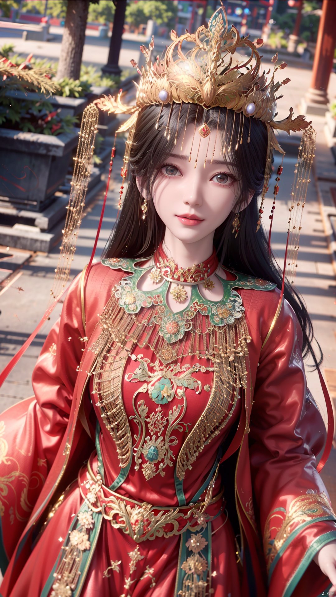 1girl, solo, red dress, jewelry, looking at viewer, long hair, dress, earrings, hair ornament, mischevious smile, perfect body, scenery, sharp focus, best quality, masterpiece, detailed outfit, illustration, perfect eyes, finely detailed beautiful anime eyes, realistic skin, intricate details, best lighting, depth of field, ultra high resolution,cowboy_shot, dynamic pose, dynamic angle,