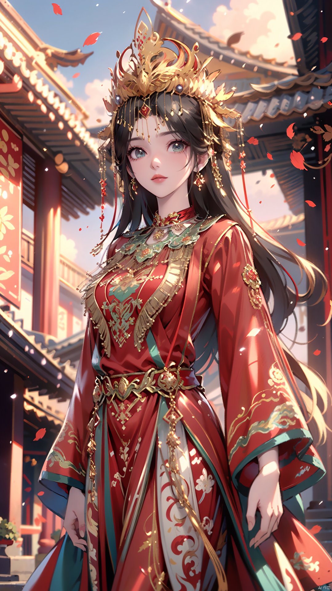 1girl, solo, red dress, jewelry, looking at viewer, long hair, dress, earrings, hair ornament, mischevious smile, perfect body, scenery, sharp focus, best quality, masterpiece, detailed outfit, illustration, perfect eyes, finely detailed beautiful anime eyes, realistic skin, intricate details, best lighting, depth of field, ultra high resolution,cowboy_shot, dynamic pose, dynamic angle,