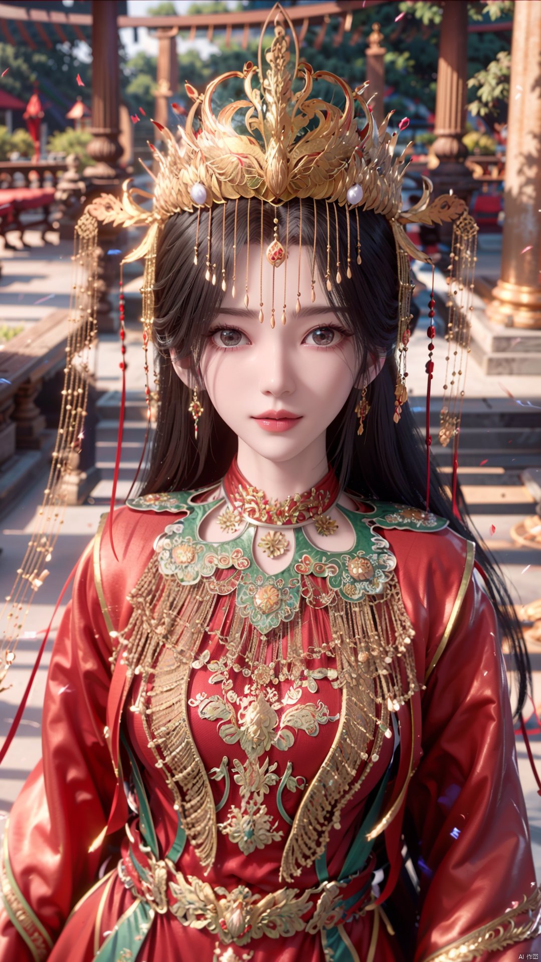 1girl, solo, red dress, jewelry, looking at viewer, long hair, dress, earrings, hair ornament, mischevious smile, perfect body, scenery, sharp focus, best quality, masterpiece, detailed outfit, illustration, perfect eyes, finely detailed beautiful anime eyes, realistic skin, intricate details, best lighting, depth of field, ultra high resolution,cowboy_shot, dynamic pose, dynamic angle,