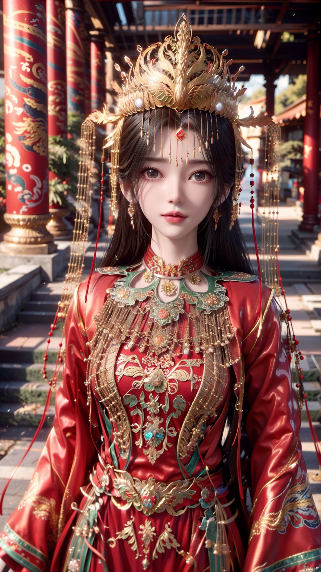 1girl, solo, red dress, jewelry, looking at viewer, long hair, dress, earrings, hair ornament, mischevious smile, perfect body, scenery, sharp focus, best quality, masterpiece, detailed outfit, illustration, perfect eyes, finely detailed beautiful anime eyes, realistic skin, intricate details, best lighting, depth of field, ultra high resolution,cowboy_shot, dynamic pose, dynamic angle,